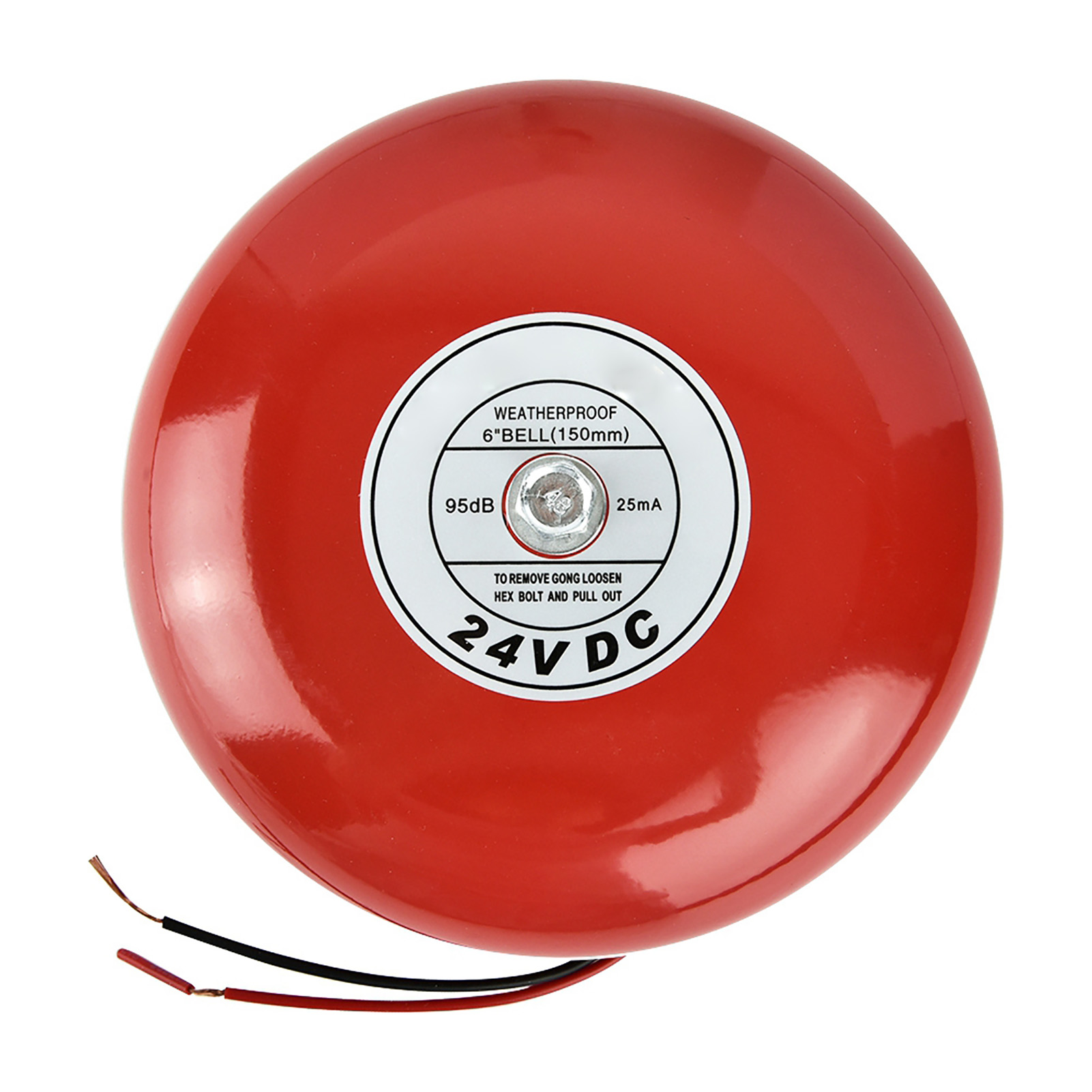 Eine rote, runde 24V DC-Glocke mit zwei Drähten und einem Informationsetikett.