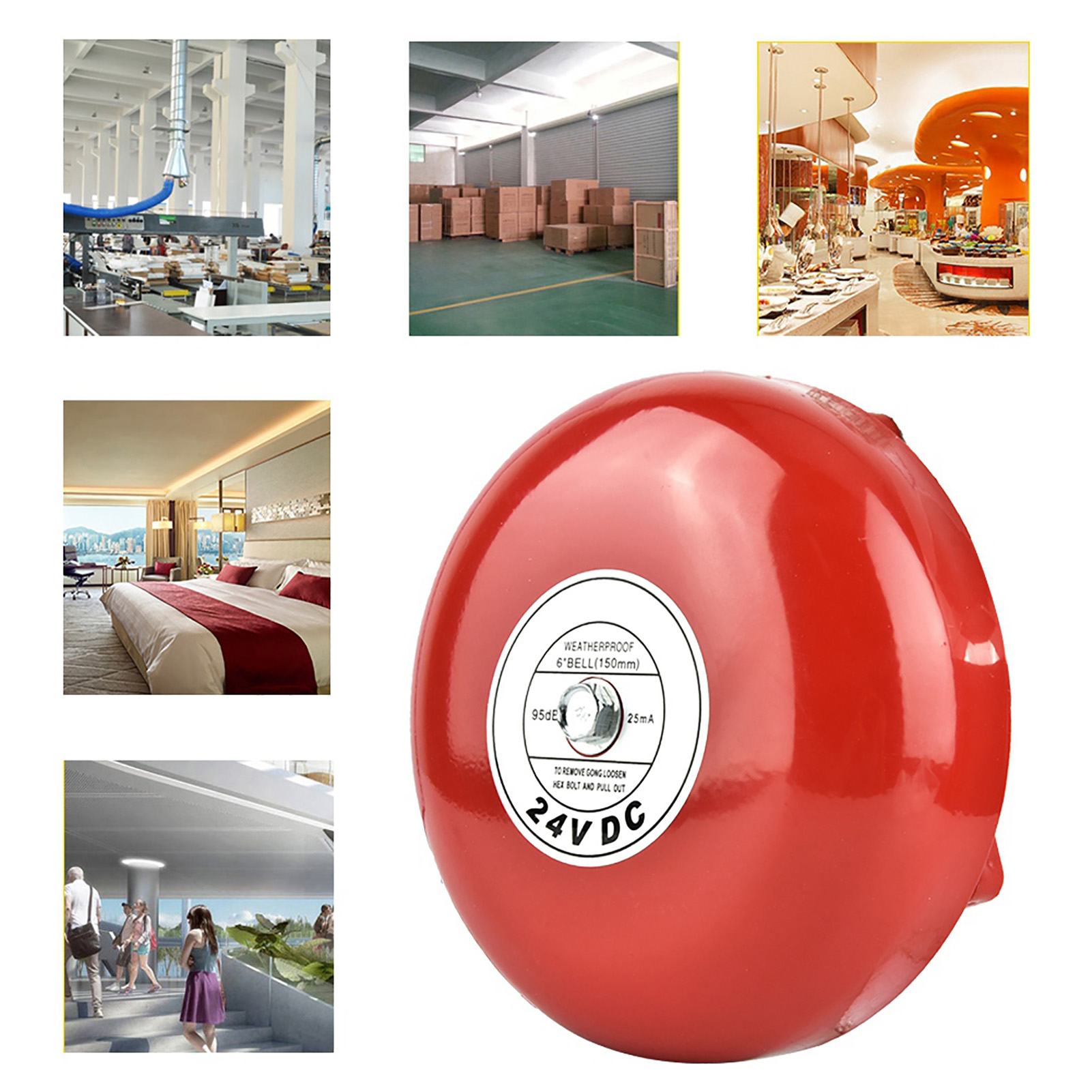 Rote Feueralarmglocke mit verschiedenen Szenen im Hintergrund, darunter ein Hotel und eine Fabrik.