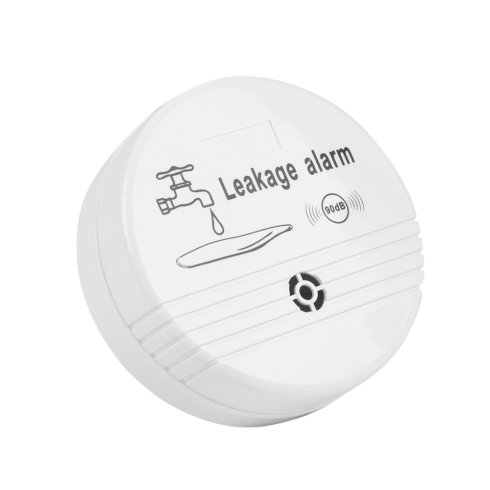 Weißes Leckalarmgerät mit Wasserhahn- und Wassertropfen-Symbol. Text: Leckalarm.