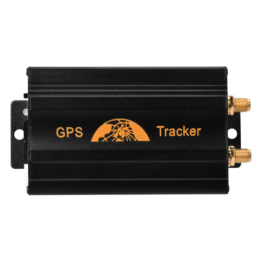 Ein schwarzer GPS-Tracker mit 'GPS Tracker', goldenen Anschlüssen und einem orangefarbenen Logo.