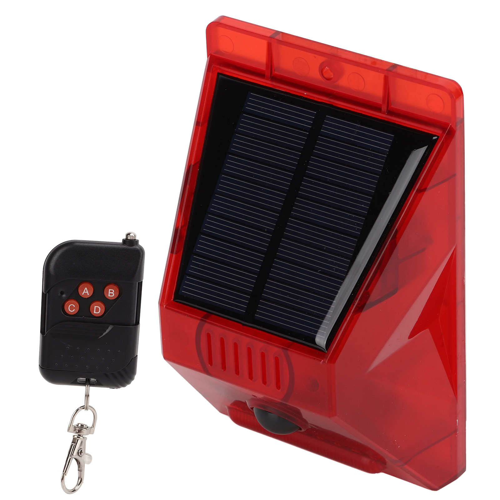 Roter Solaralarm mit Fernbedienung. Schwarze Fernbedienung hat Knöpfe.