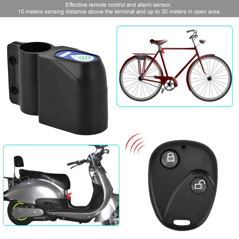 Elemente des Sicherheitssystems: Alarm, Fernbedienung, Fahrrad, Roller.