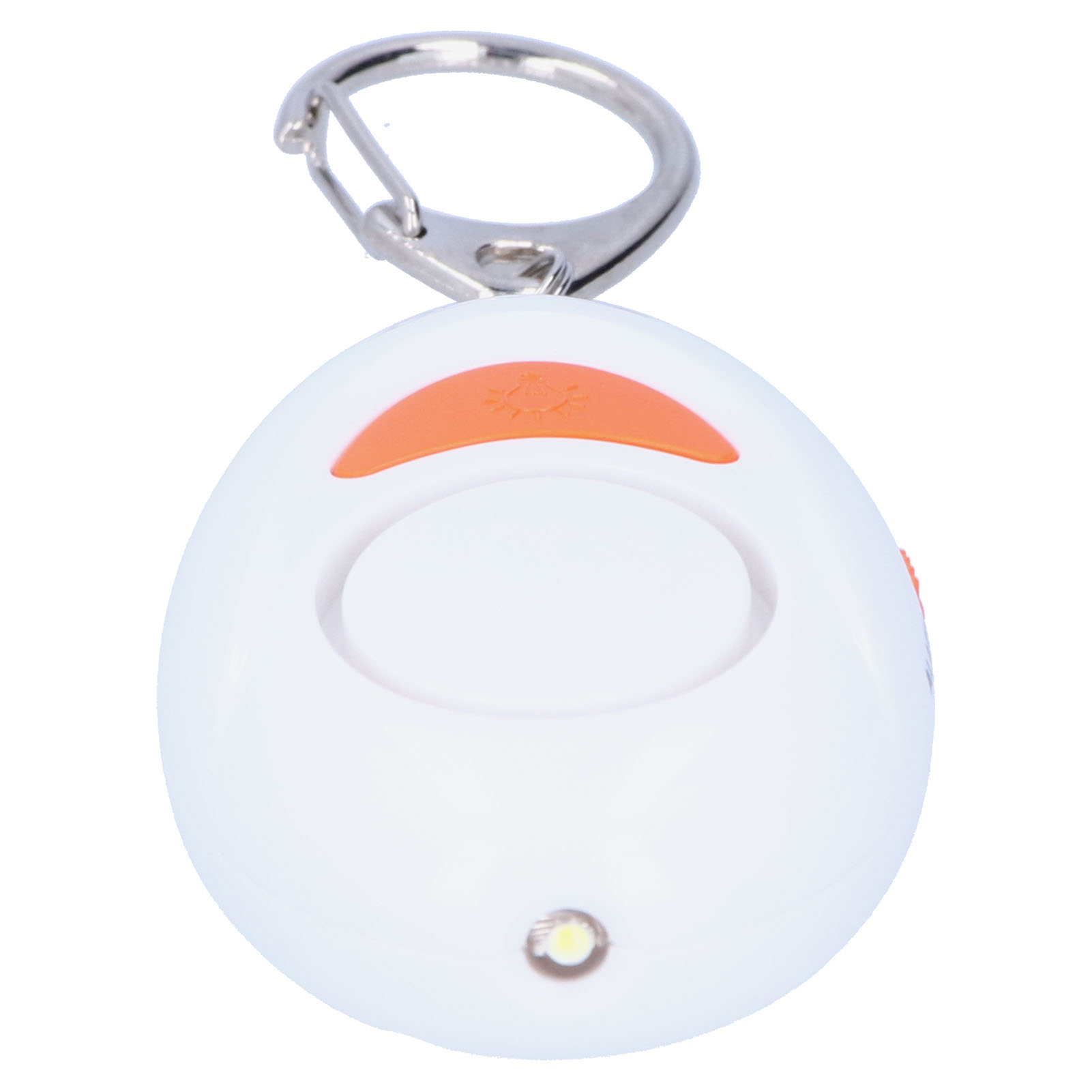Ein weißer persönlicher Alarm-Schlüsselanhänger mit einem orangefarbenen Knopf und einem Licht.