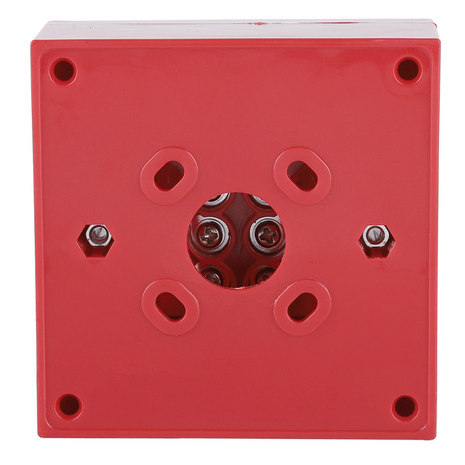 Roter elektrischer Verteilerkasten mit sechs Löchern und Schrauben. Eine quadratische Form.