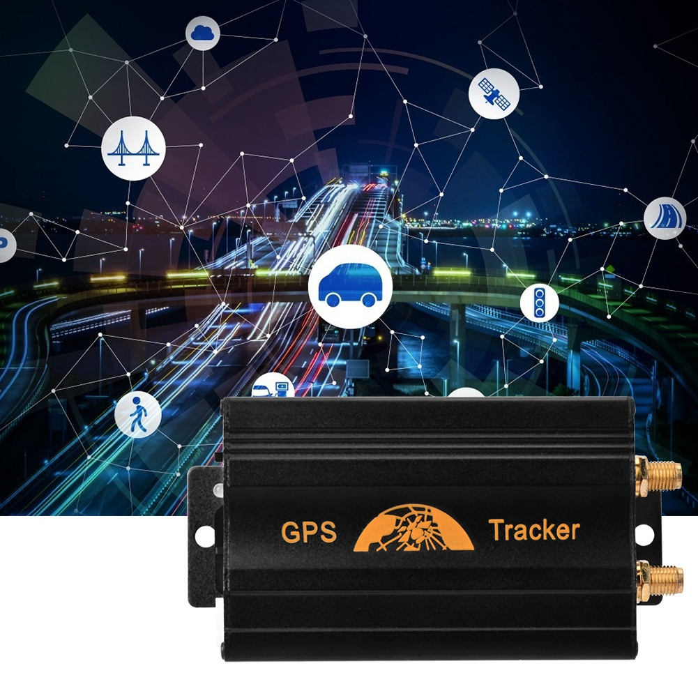 GPS-Tracker mit Hintergrund einer Stadt bei Nacht mit Straßen und Gebäuden.