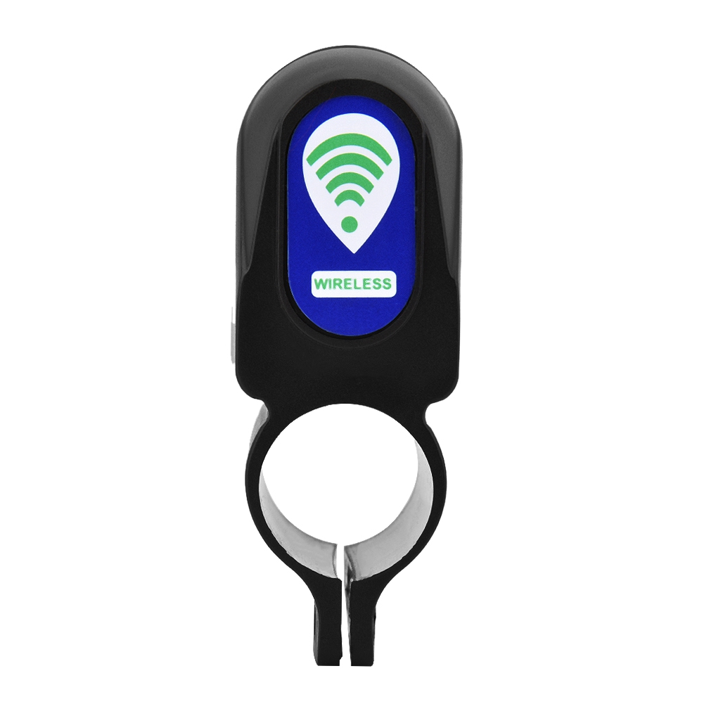 Schwarze drahtlose Fernbedienung mit grünem WLAN-Symbol auf blauem Feld, mit rundem Halter.