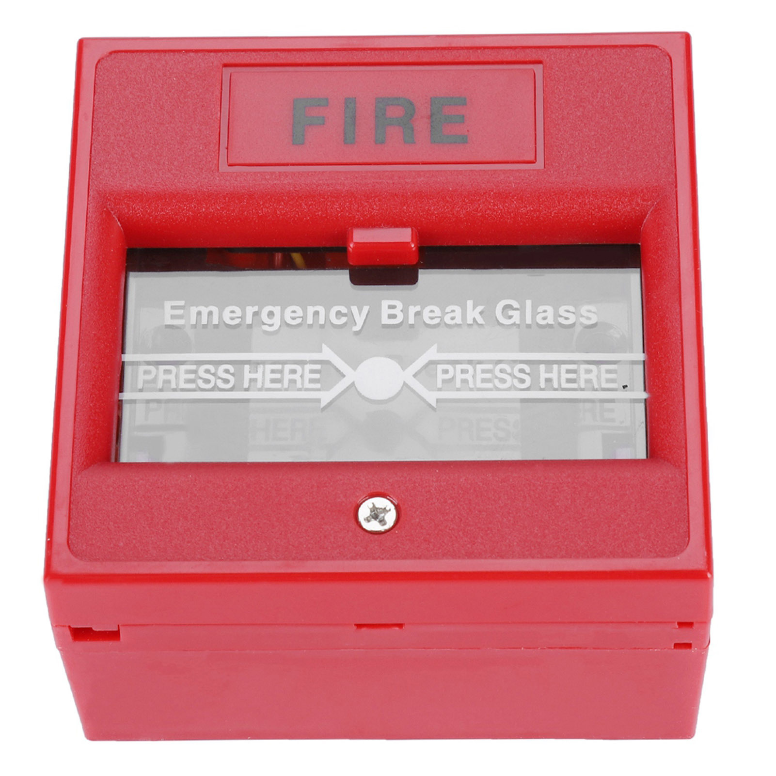 Ein roter Feueralarmkasten mit einer Notglasscheibe. Anweisungen lauten: Hier drücken.