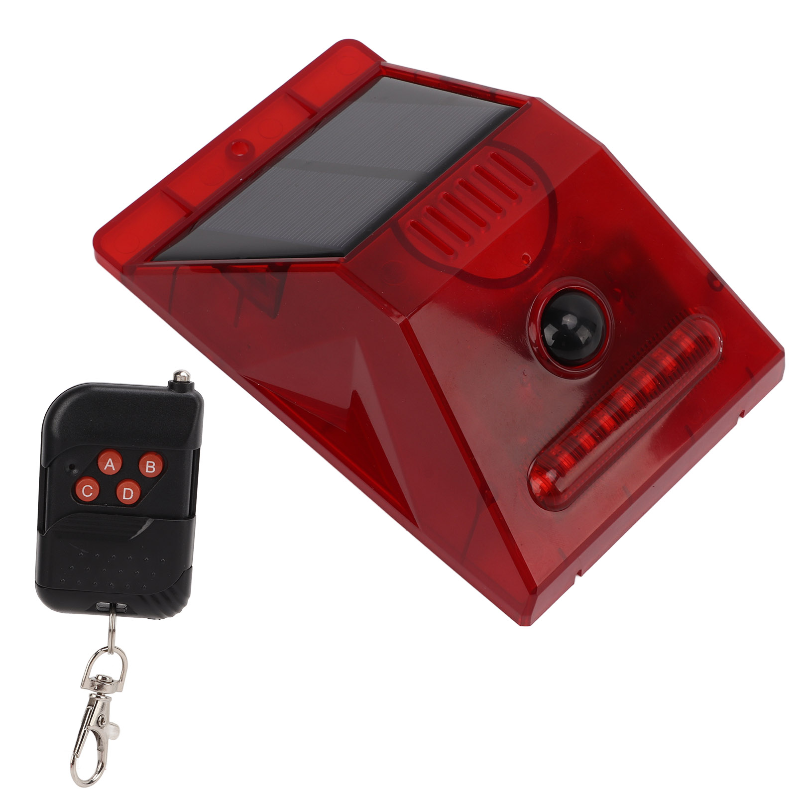 Roter Solaralarm mit Fernbedienung. Die Fernbedienung hat A, B, C, D Tasten. Weißer Hintergrund.