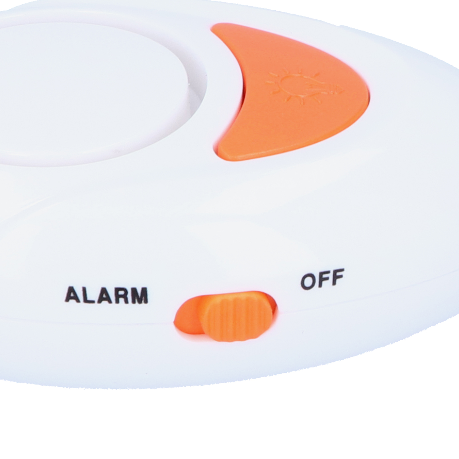 Weißes Gerät mit Alarm- und Aus-Schalter, orangefarbener Schieberegler und Taste mit Sonnensymbol.