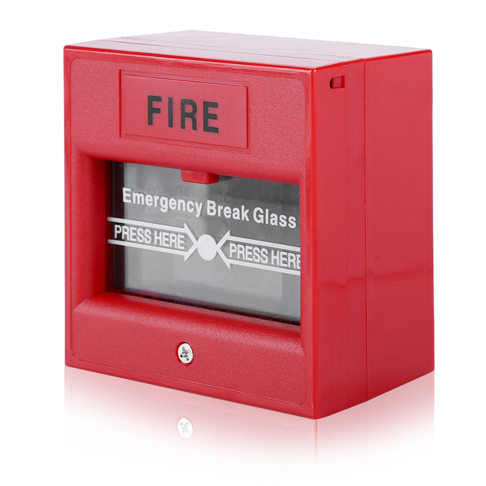 Roter Feueralarmkasten mit der Aufschrift "FIRE" und "Emergency Break Glass".