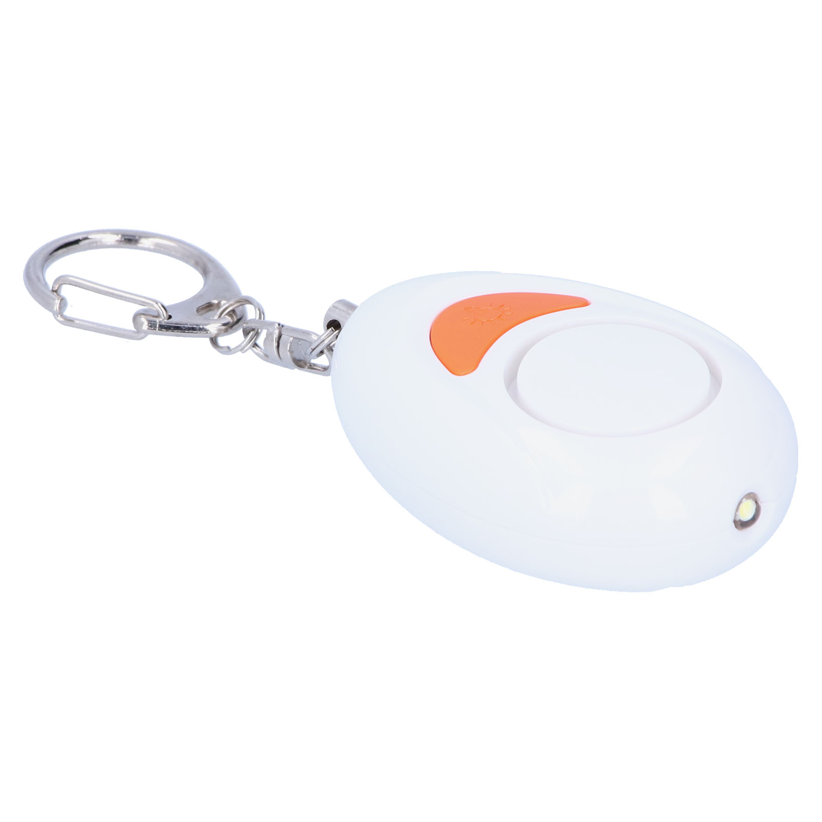 Ein weißer ovaler persönlicher Alarm mit orangefarbenem Knopf und silbernem Schlüsselanhänger.