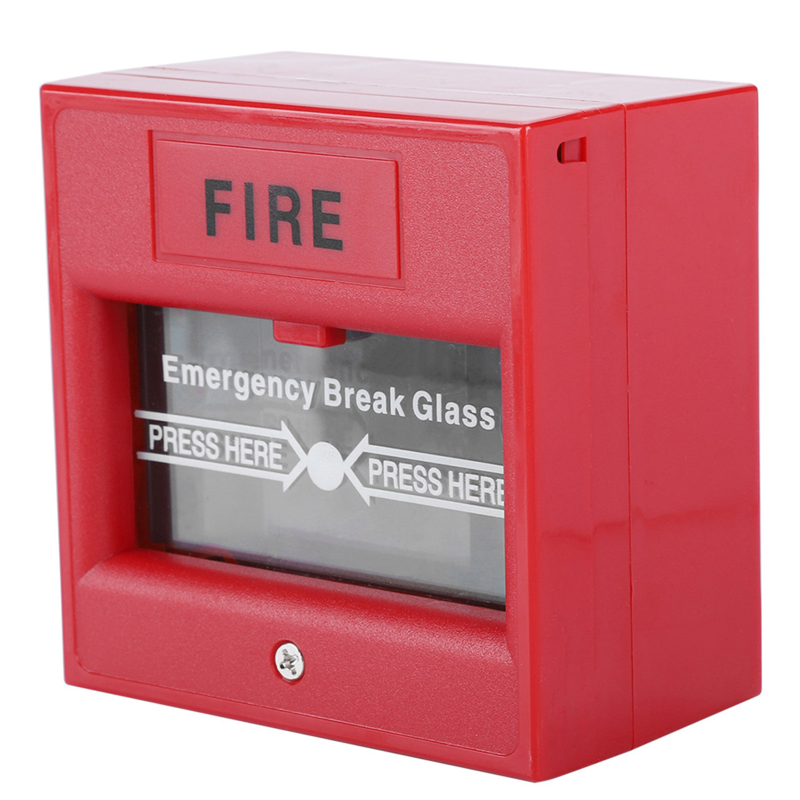Roter Feueralarmkasten mit dem Text FIRE und Emergency Break Glass. Anweisungen zum Drücken.