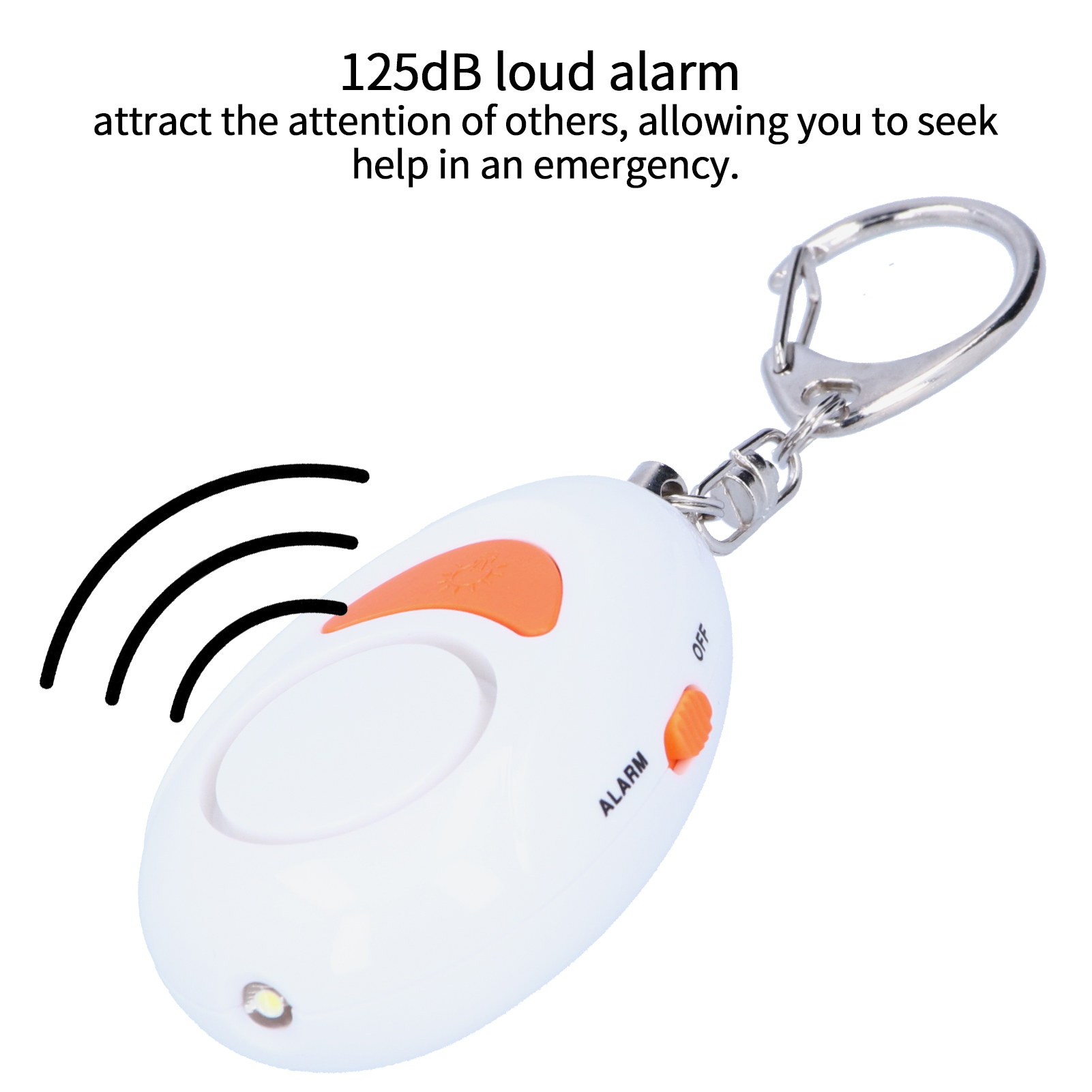 Ein weißer Alarm-Schlüsselanhänger mit orangefarbener Taste. Der Alarm geht los.
