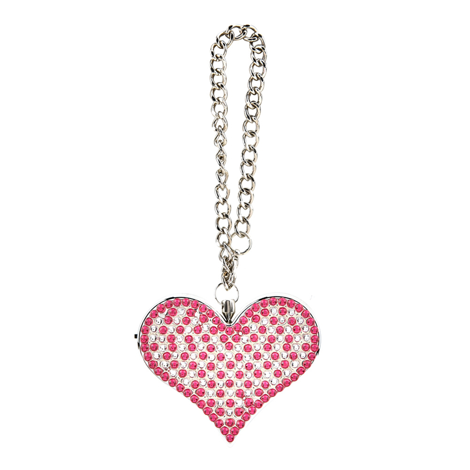 Silberkette mit herzförmigem Anhänger, verziert mit rosa und klaren Kristallen. Weißer Hintergrund.