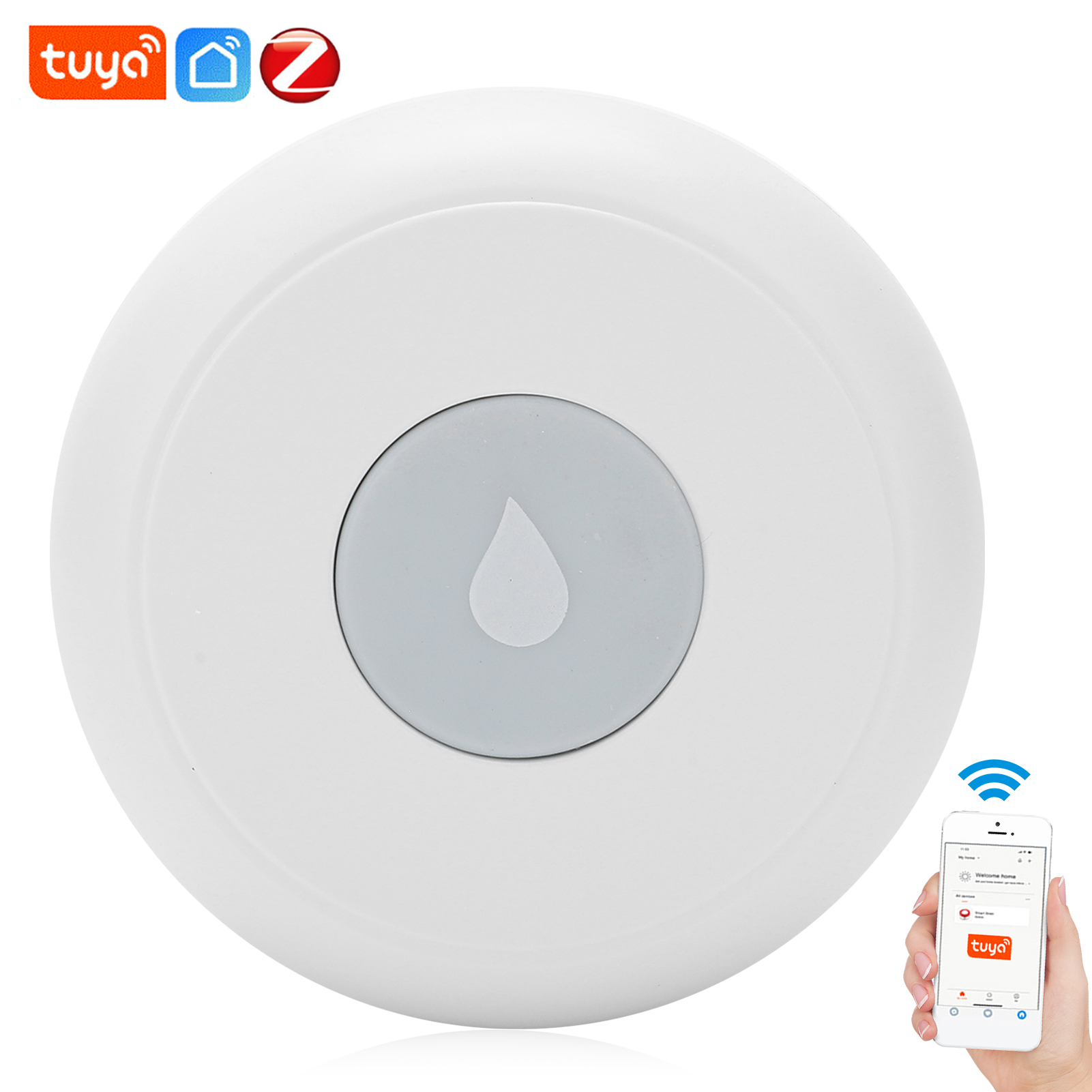 Weißes Smart-Home-Gerät mit einem zentralen grauen Kreis und einem Telefon mit Tuya-App.