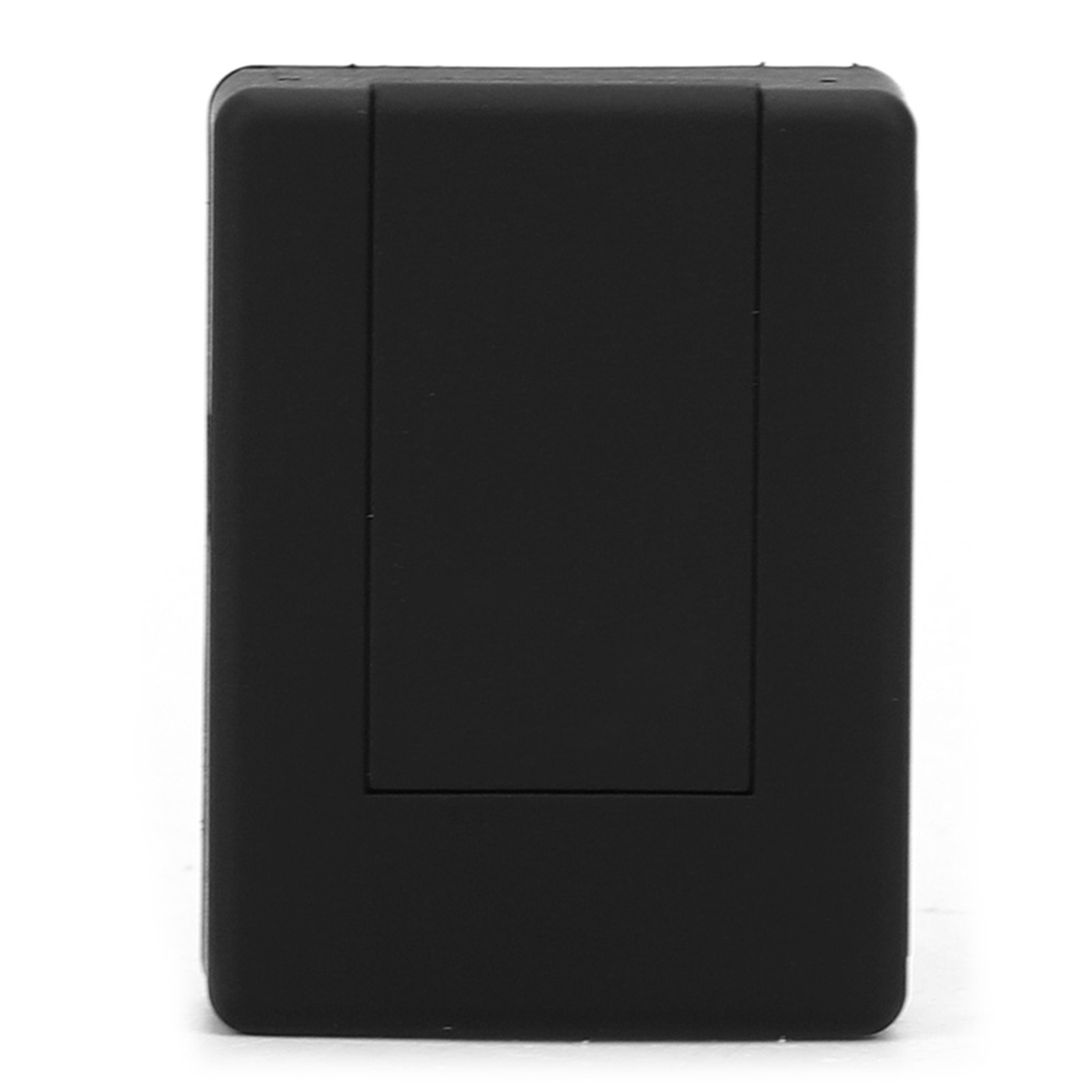 Schwarzes Kunststoffrechteck mit einer Aussparung. Minimalistisches Design, glatte Oberfläche.