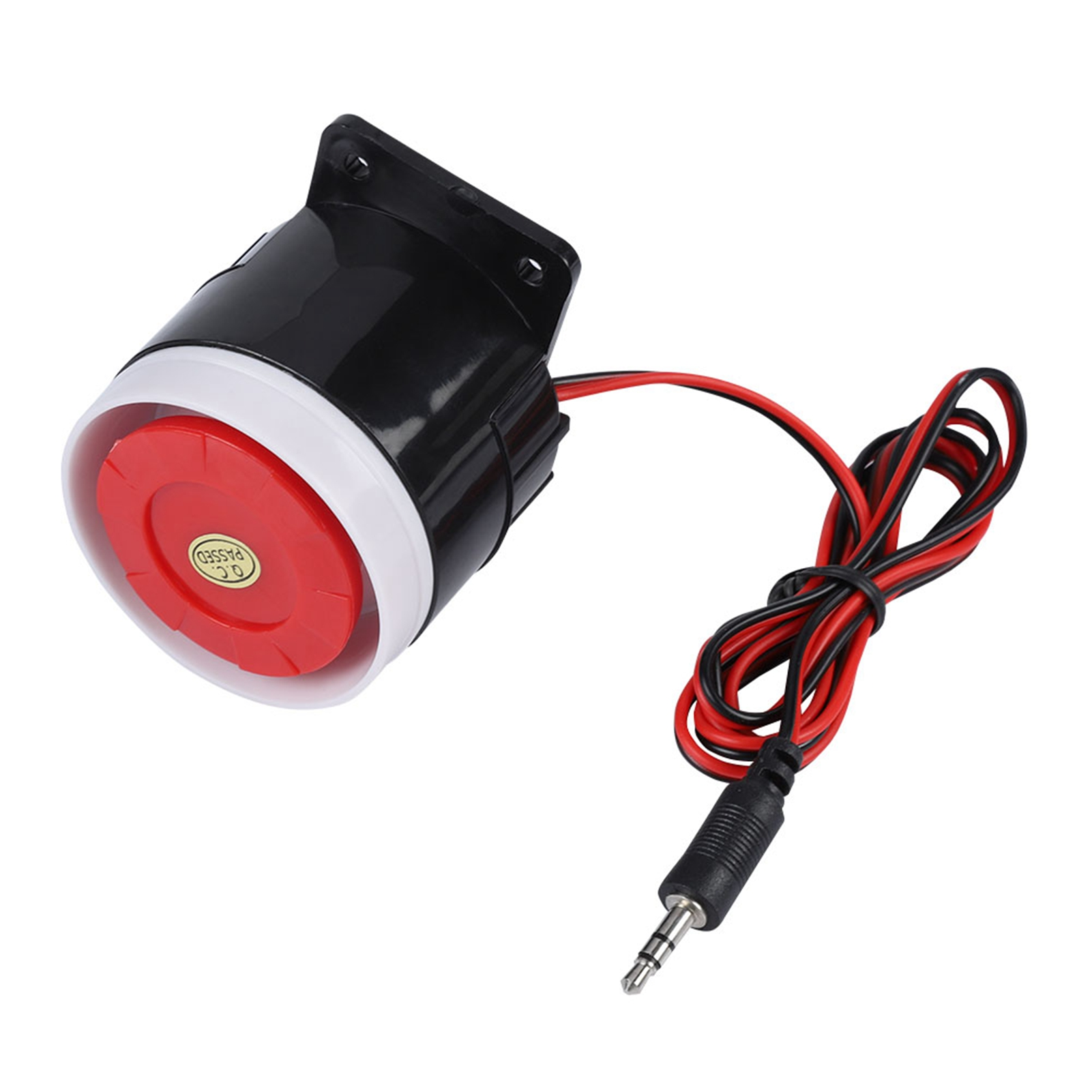 Ein schwarzer und roter Alarm mit Stecker. Er hat eine rote Mitte und einen weißen Rand, mit roten und schwarzen Drähten.