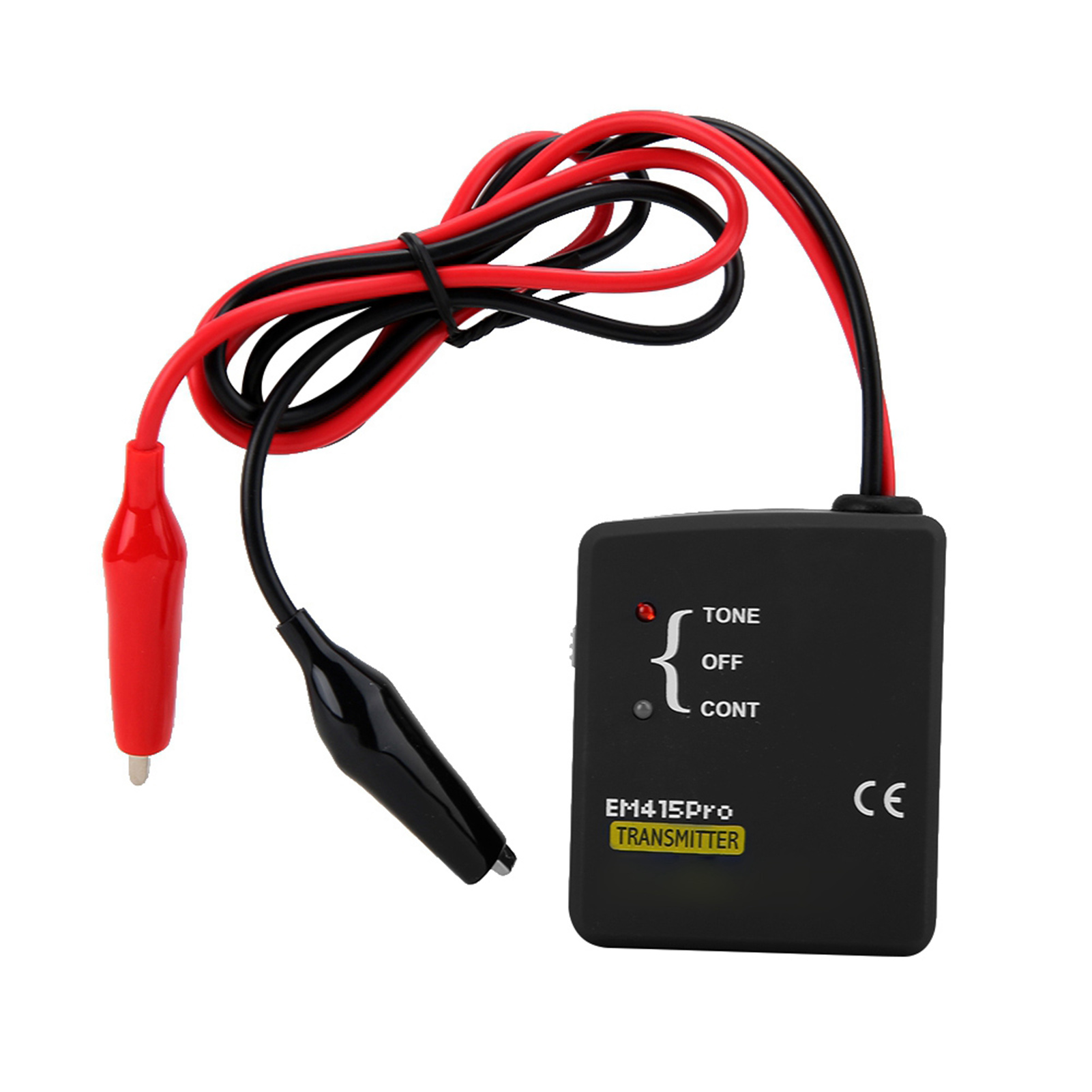 Schwarzes Gerät mit roten und schwarzen Drähten und Krokodilklemmen, beschriftet mit "EM415Pro TRANSMITTER".