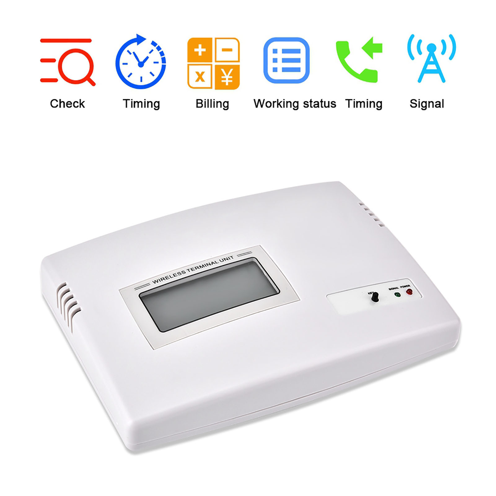 Weißes drahtloses Terminalgerät mit Bildschirm und Tasten, verschiedenen Symbolen und dem Schriftzug 'WIRELESS TERMINAL UNIT'.