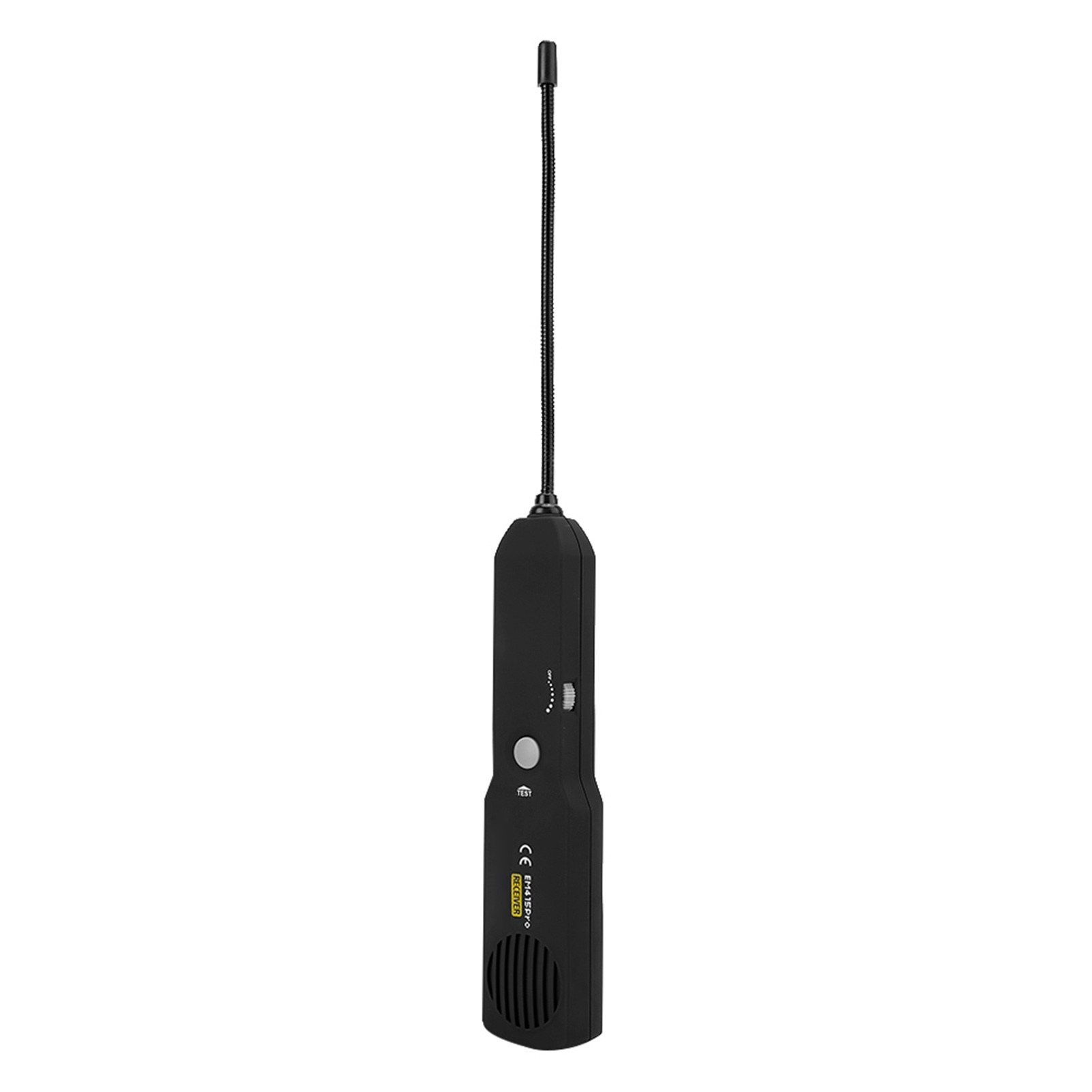 Ein schwarzes Gerät mit flexibler Antenne, Knopf und dem Text 'CE BEAVER'.