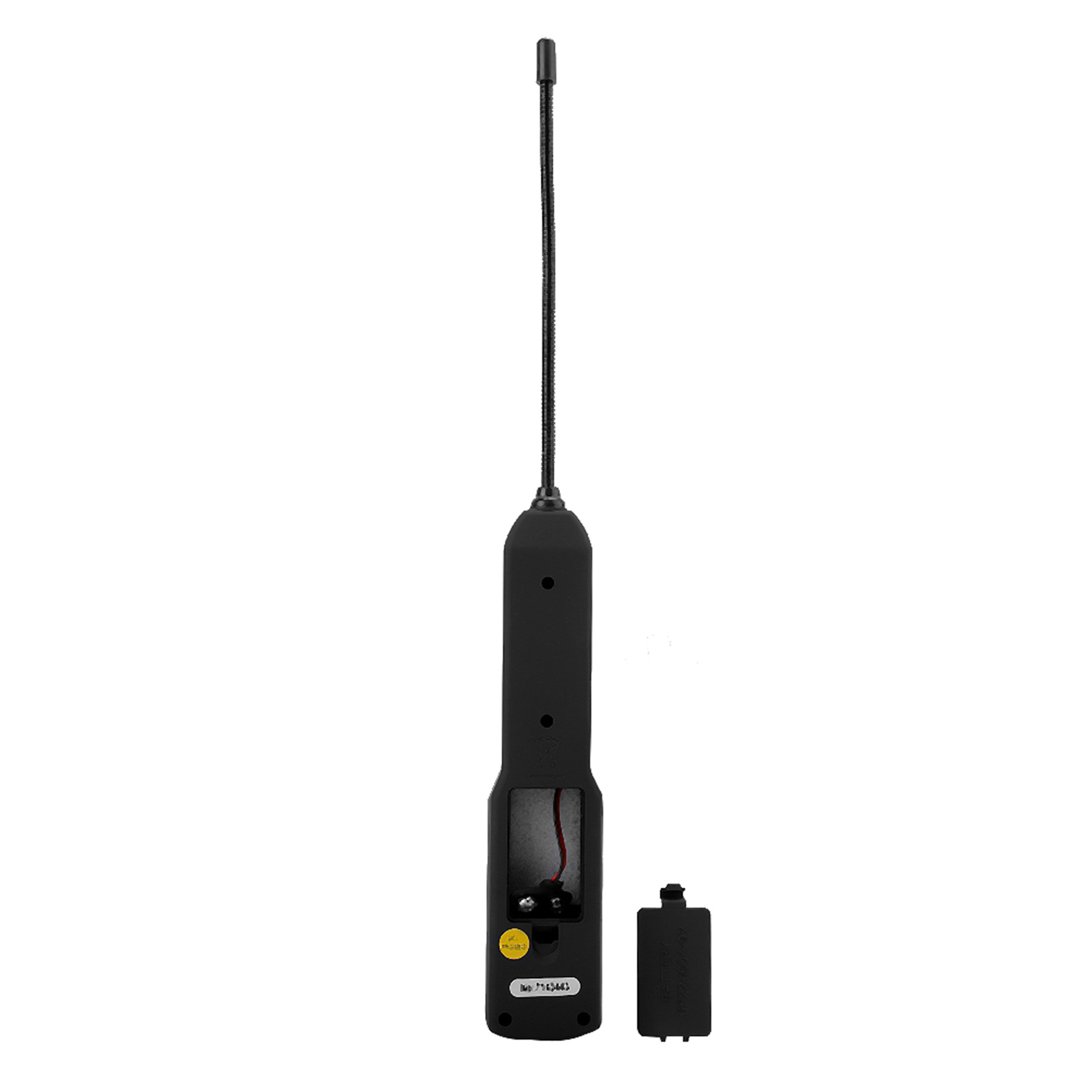 Schwarzes Handgerät mit flexibler Antenne und Batteriefach.
