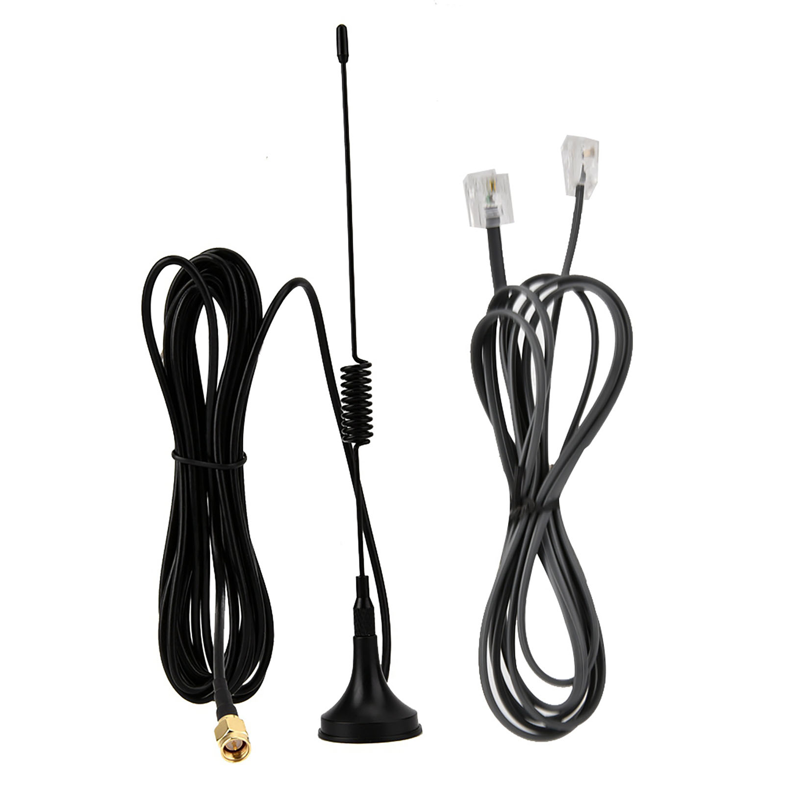 Eine Antenne mit Magnetfuß, ein schwarzes Kabel und zwei Telefonanschlüsse auf weißem Hintergrund.