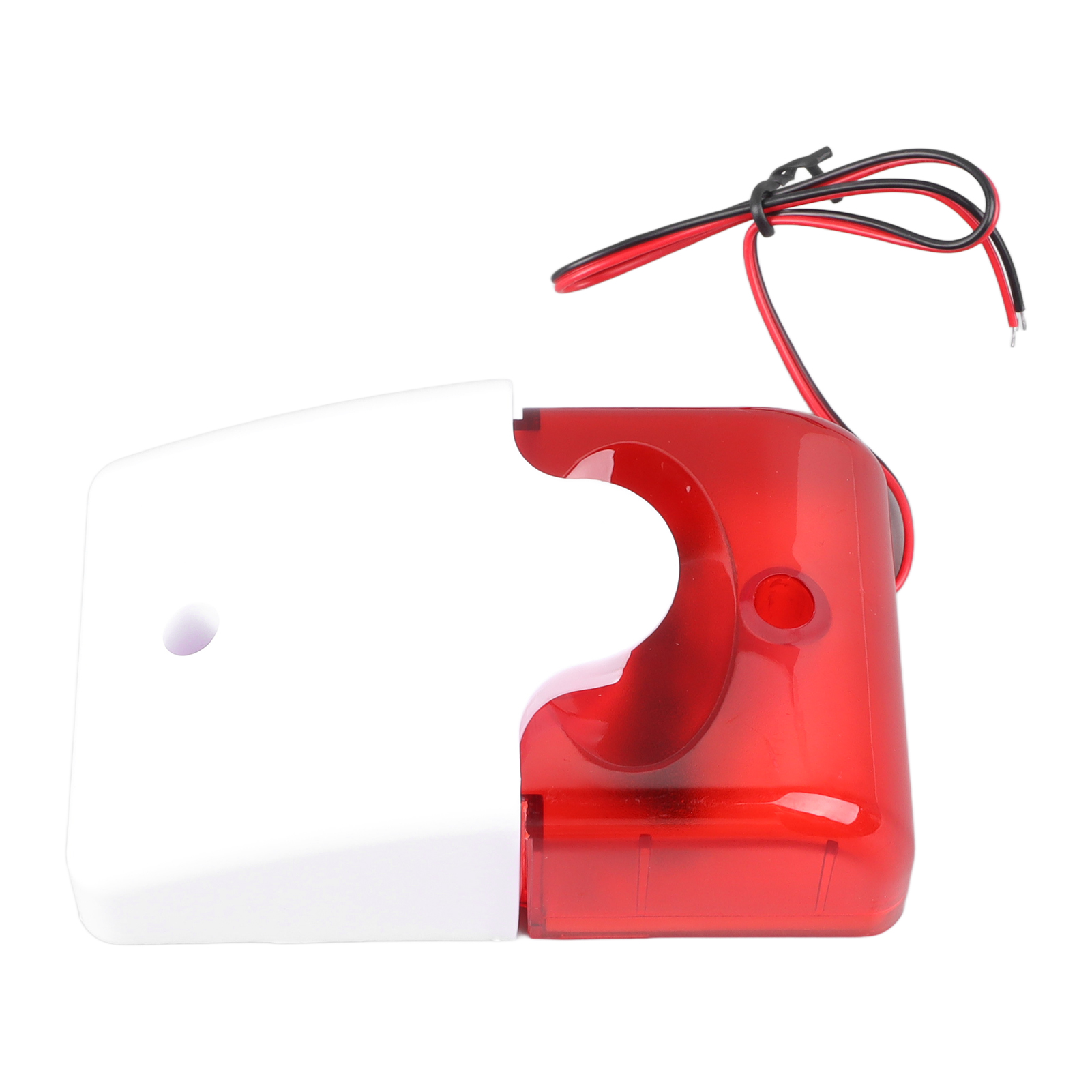 Roter und weißer Alarm, aufgespalten. Drähte erstrecken sich vom roten Teil. Das Design ist einfach.