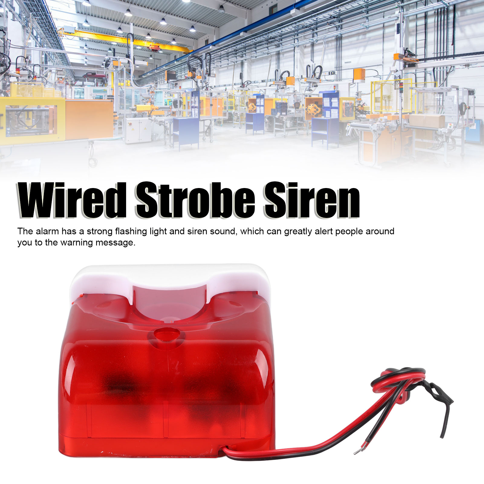 Verkabelte Stroboskop-Sirene, rot und weiß, mit Fabrikhintergrund. Verdrahtung angebracht.