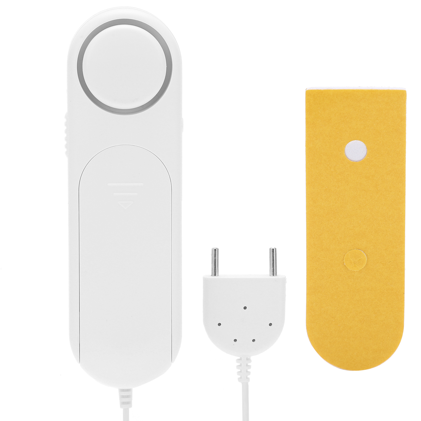Weißes Gerät, Stecker und gelbes Rechteck, wahrscheinlich Smart-Home-Gadget-Set, weißer Hintergrund.