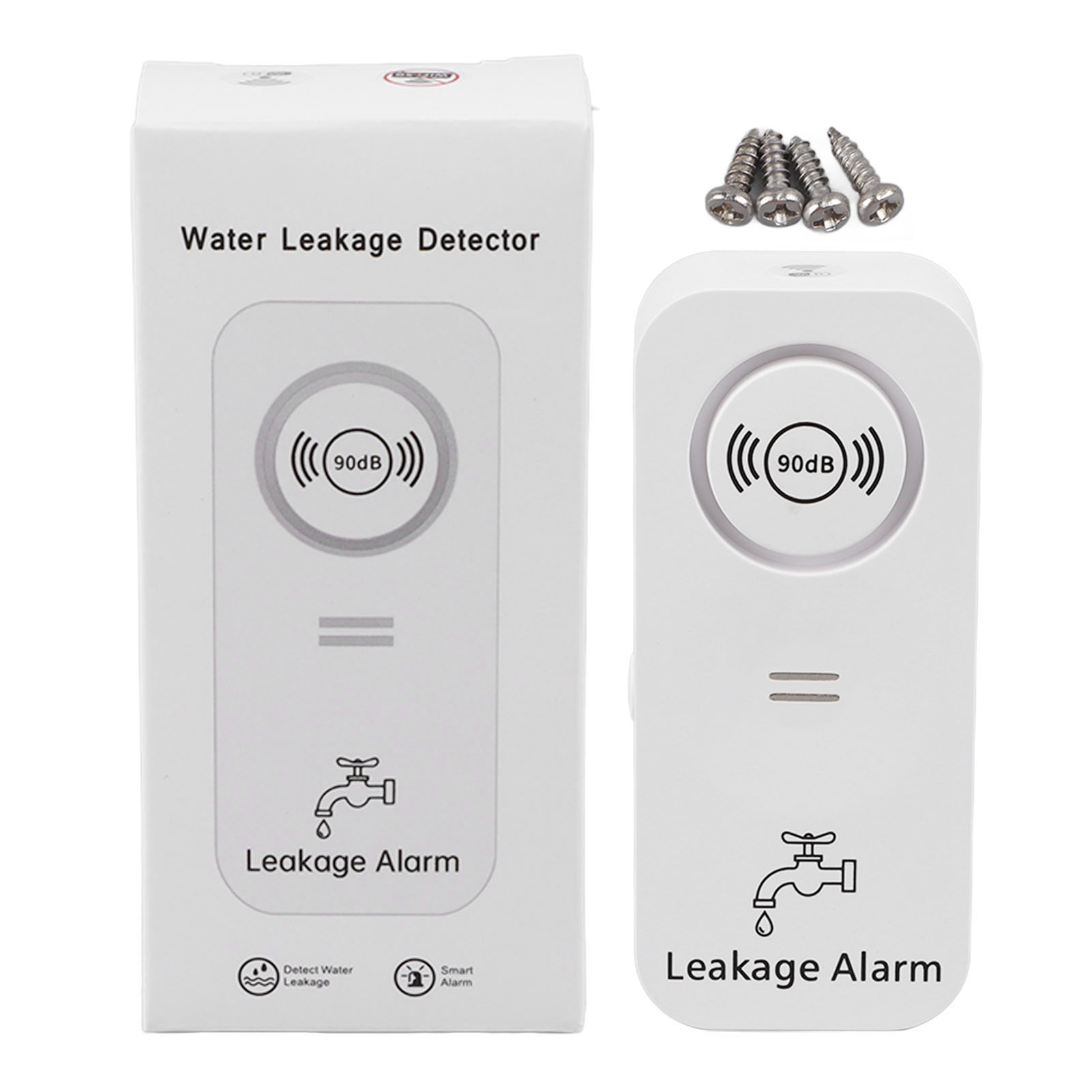 Weißer Wasserleckdetektor mit Box und Schrauben. Detektor mit Wassertropfen-Symbol.