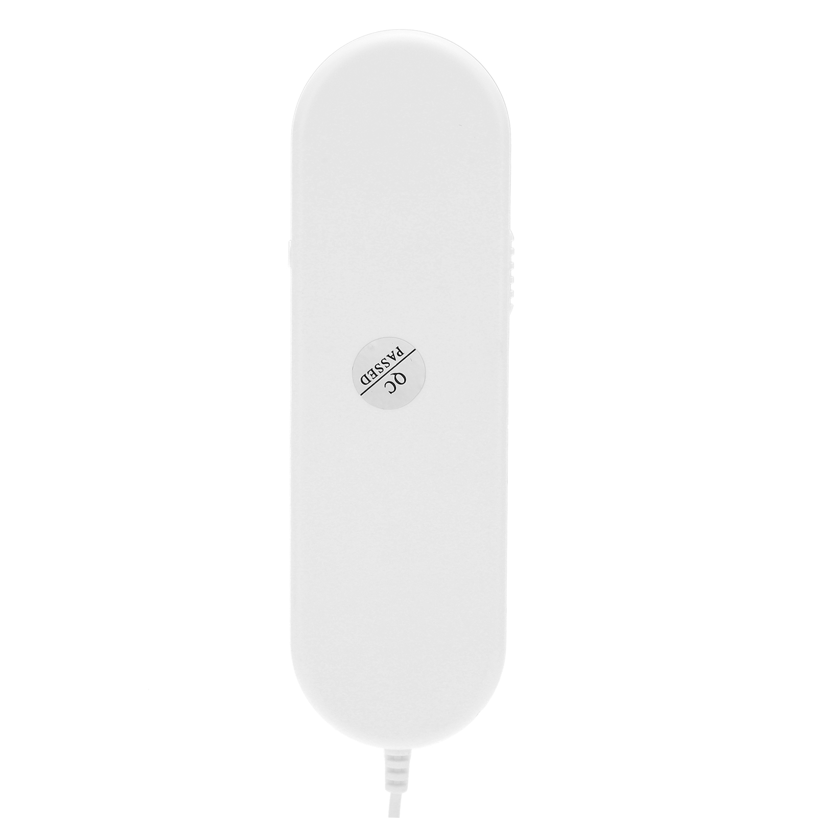 Weißes Gerät, ovale Form mit Kabel und einem QC-Aufkleber.