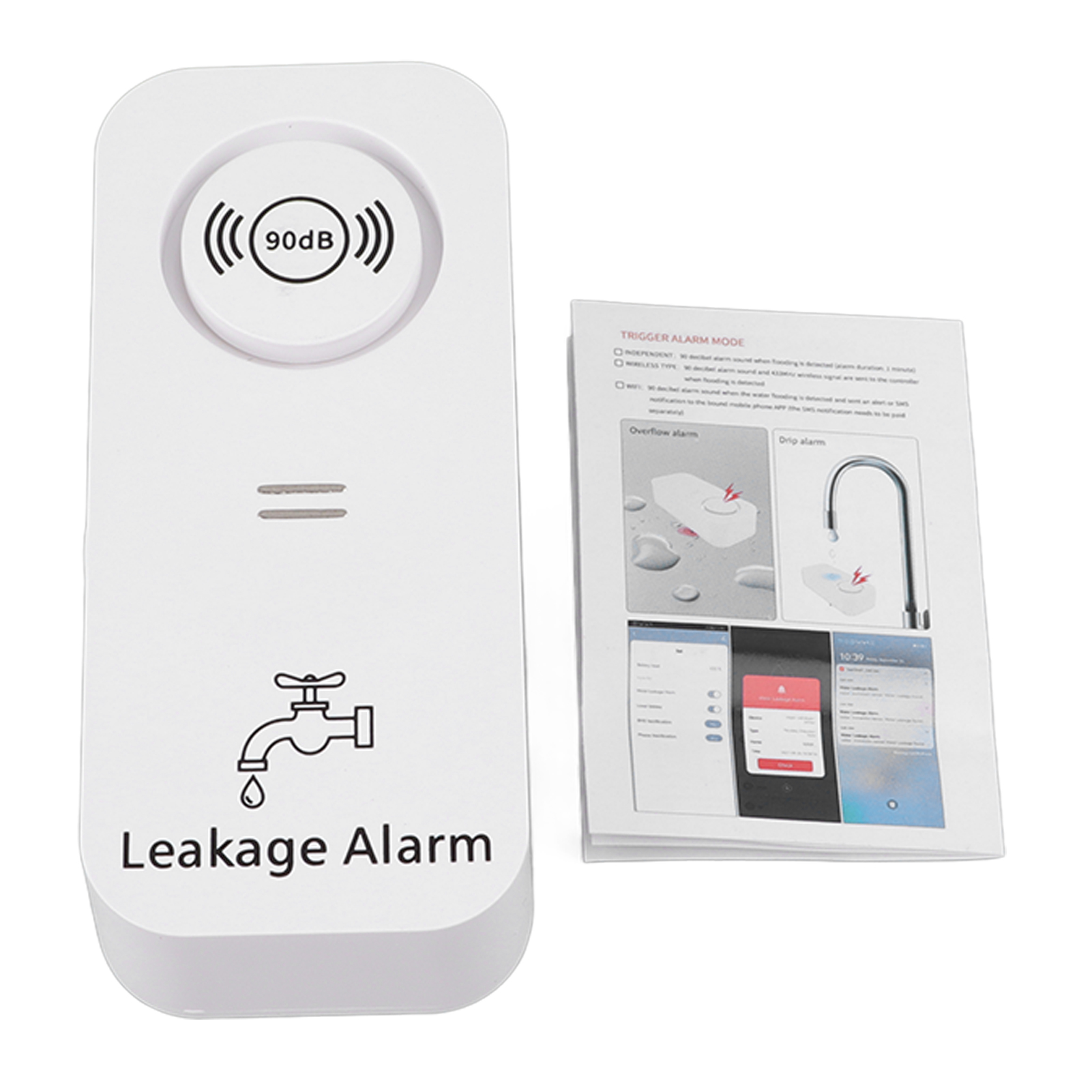 Weißer Leckalarm mit einem Wasserhahn-Symbol. Es hat ein 90dB-Symbol und ein Faltblatt.