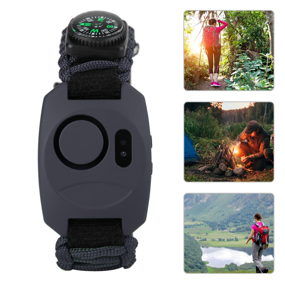 Armbandkompass mit Band und Bildern von Outdoor-Aktivitäten.