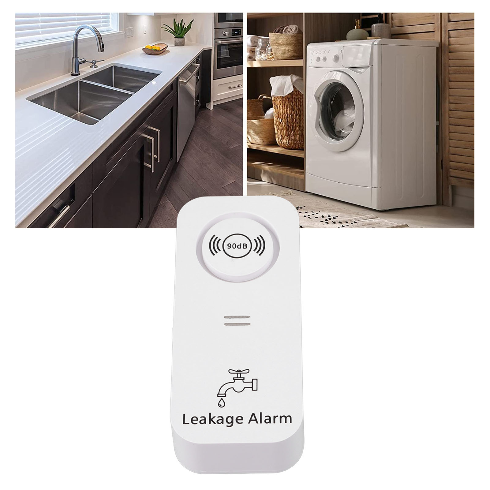 Ein Waschbecken mit Wasserhahn und ein Leckagealarm. Eine Waschmaschine steht neben einem Regal.