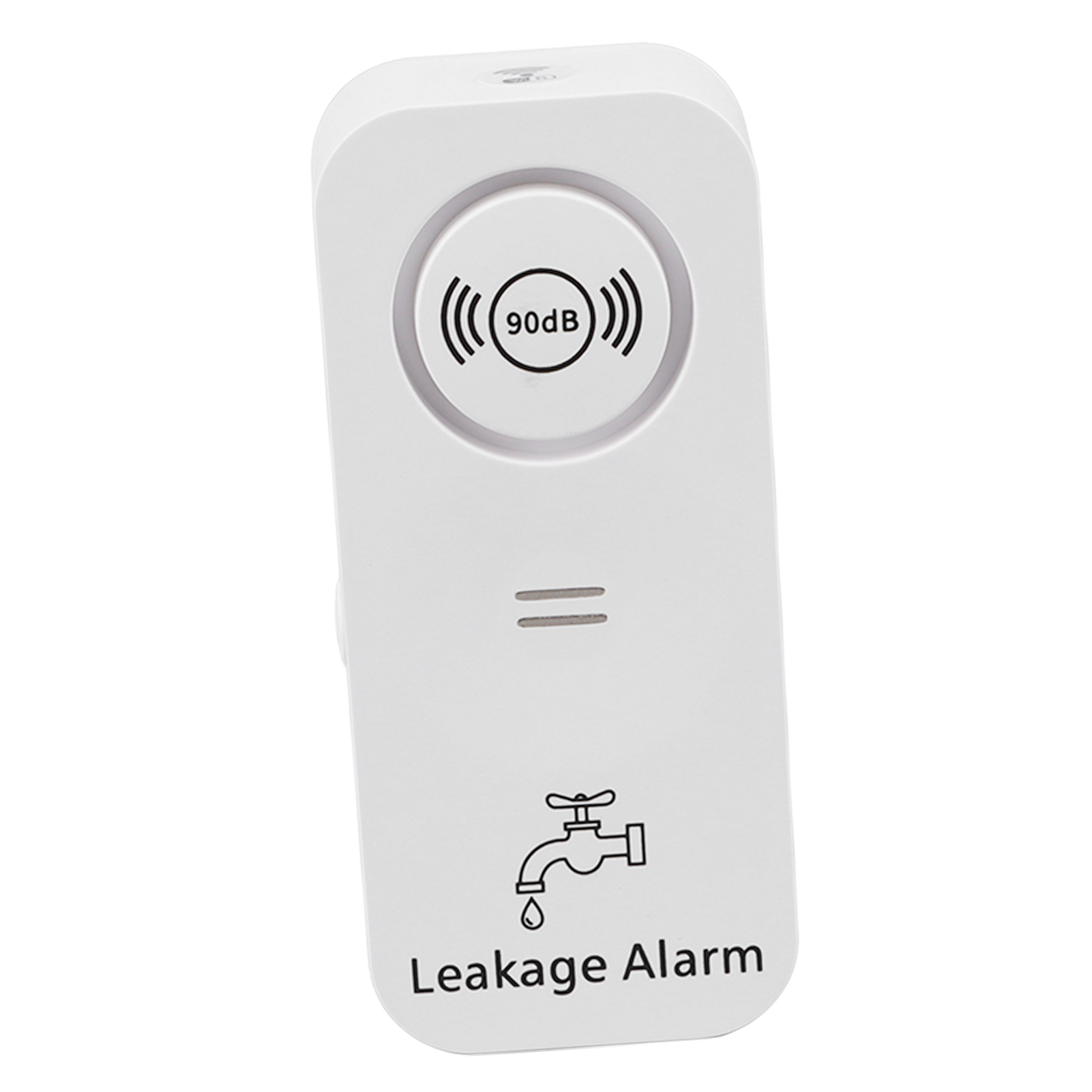 Weißer Leckagemelder mit Wasserhahn-Symbol, einem 90dB-Symbol und dem Text 'Leakage Alarm'.