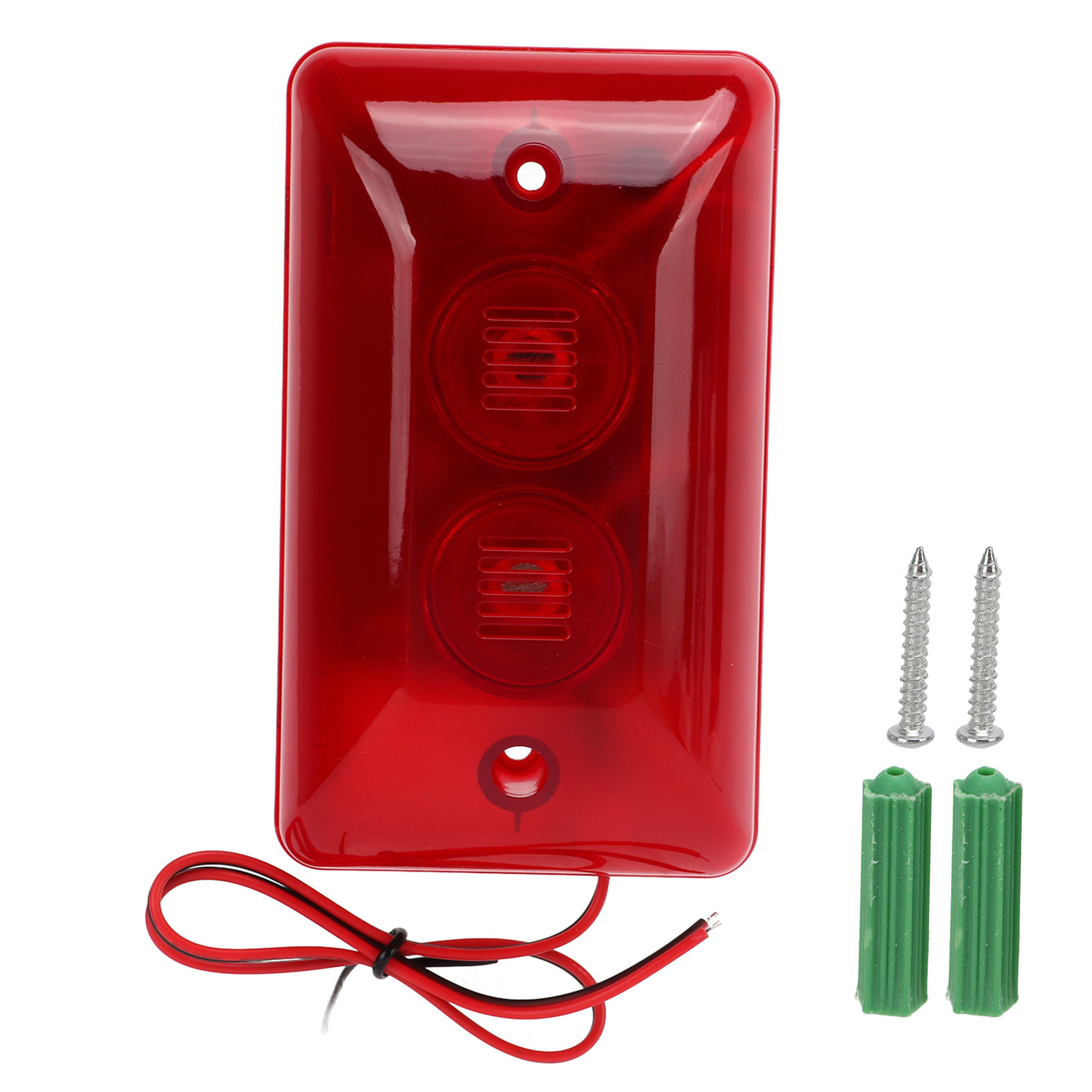 Rote Alarmlampe mit zwei Lichtern und zwei Schrauben. Es hat auch grüne Kunststoffteile.