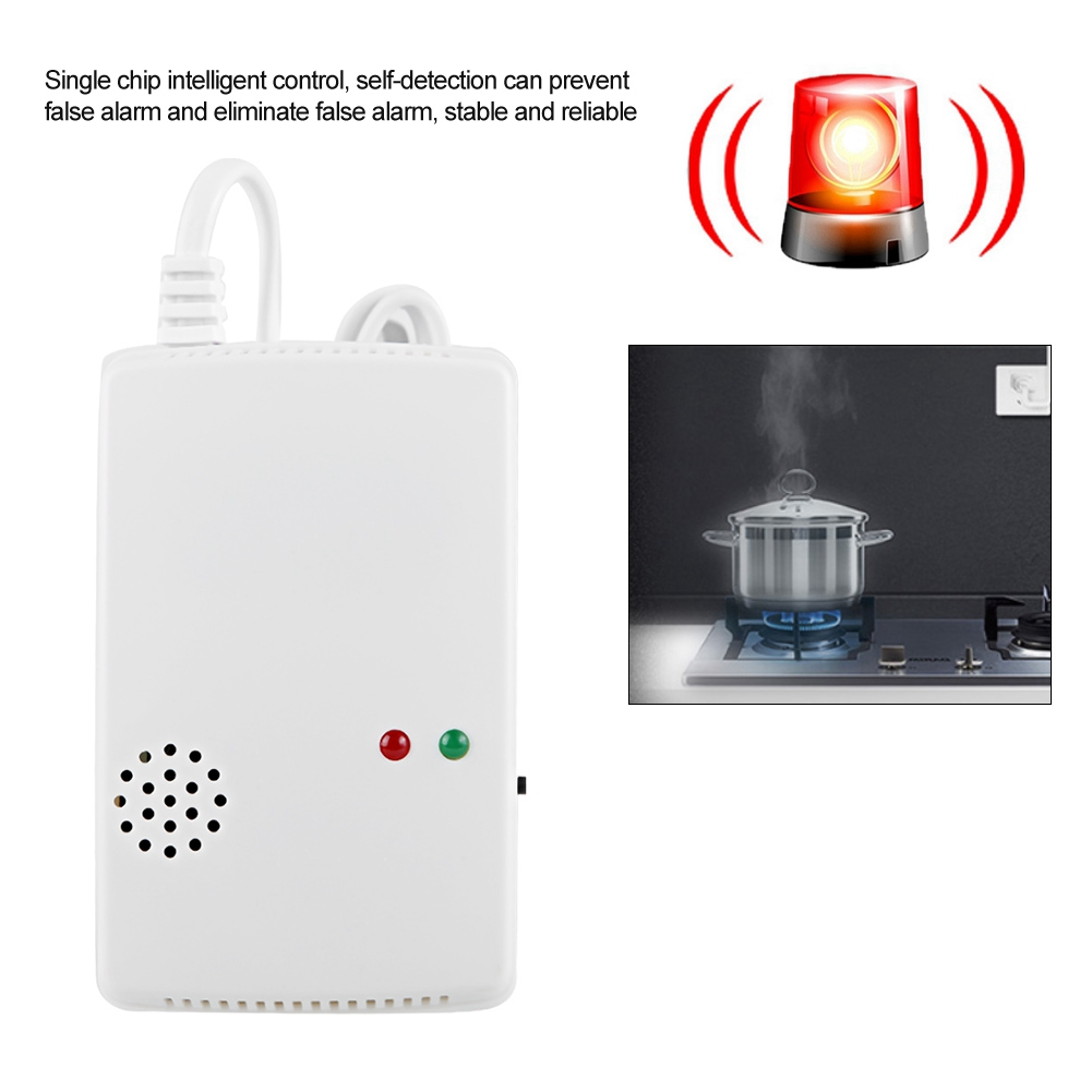 Weißer Gasdetektor mit roten und grünen Lichtern, Alarm-Icon und Topf auf Herd.
