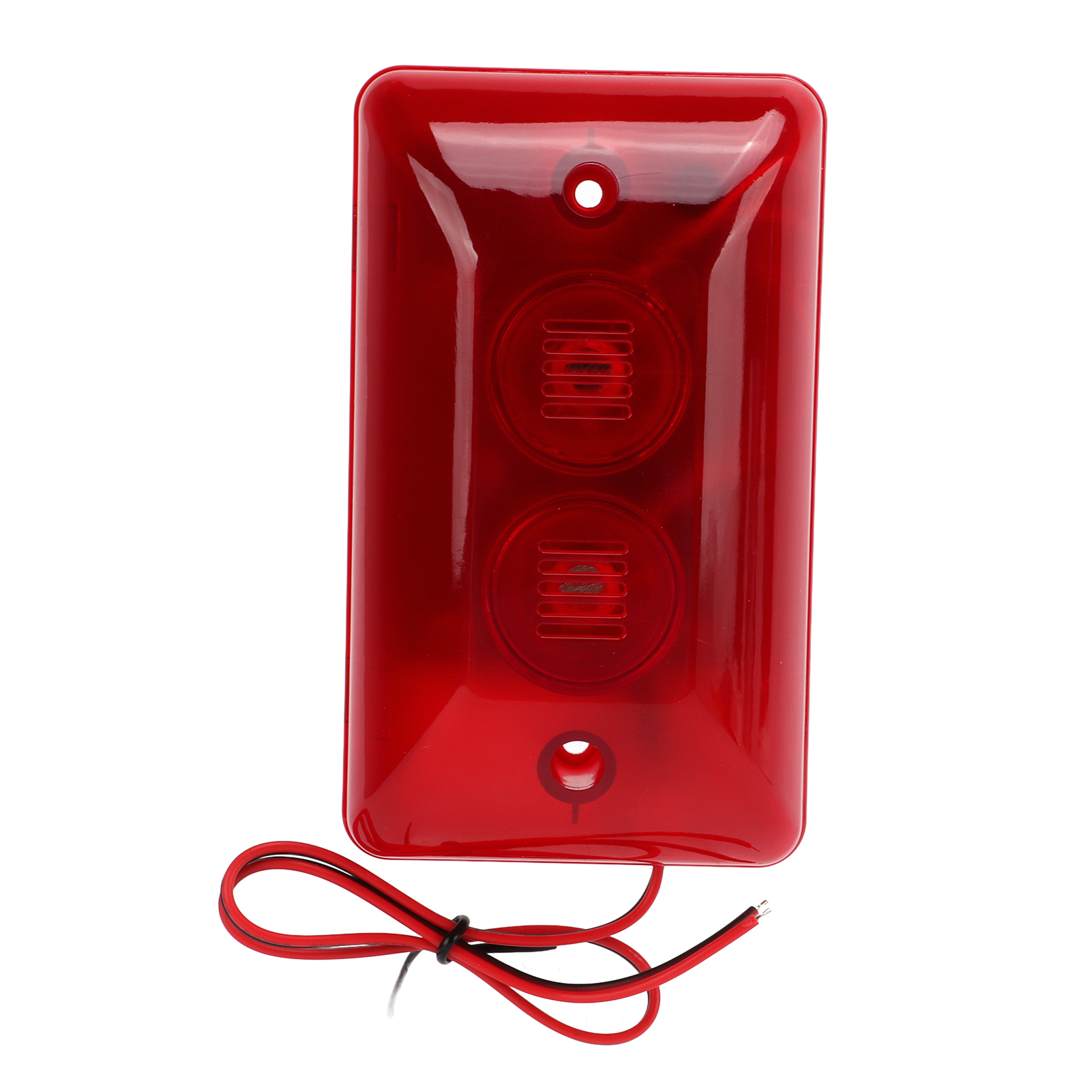 Rotes rechteckiges Alarmgerät mit zwei kreisförmigen Lichtabschnitten und Drähten.