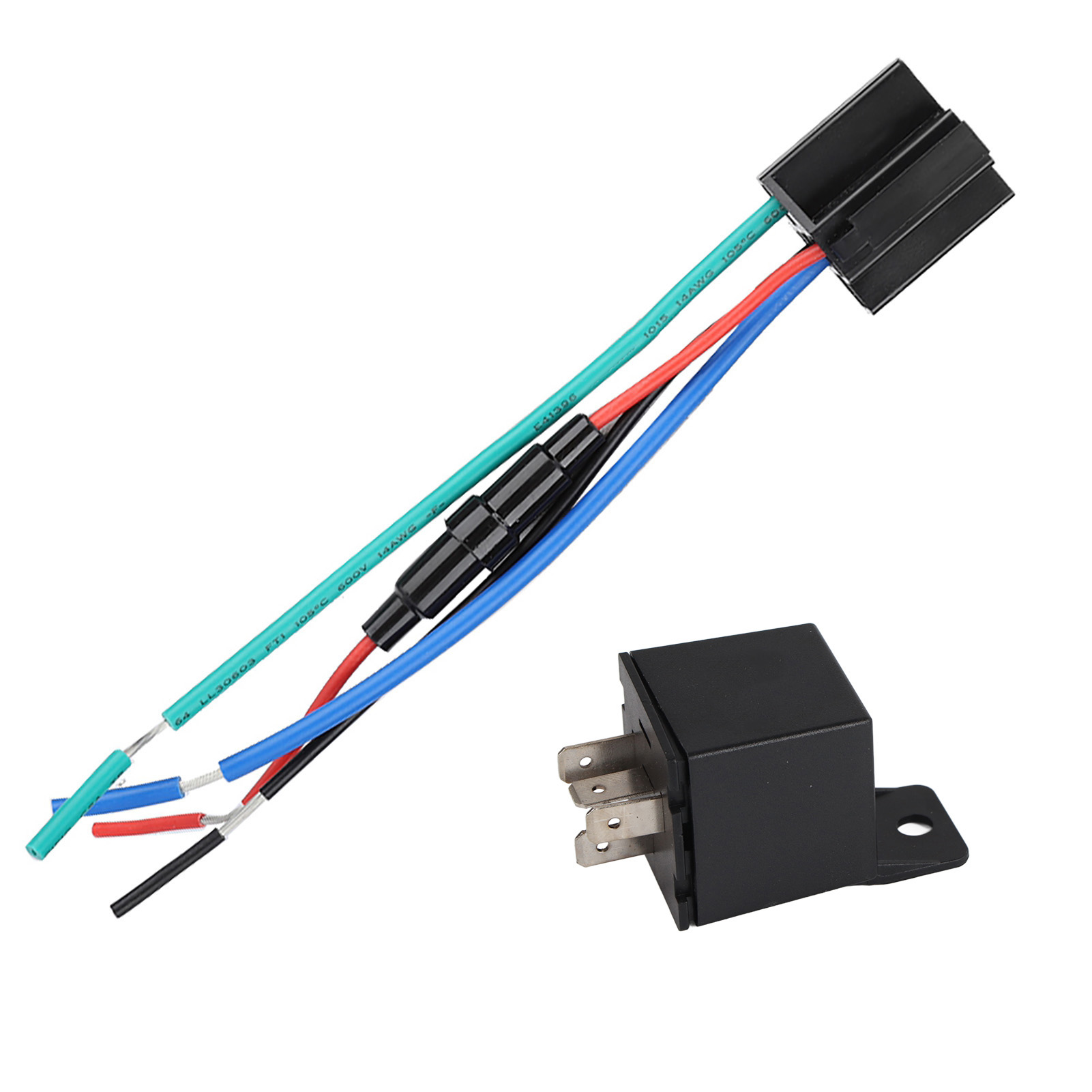 Ein schwarzes Relais mit Drähten und einem Stecker auf weißem Hintergrund.