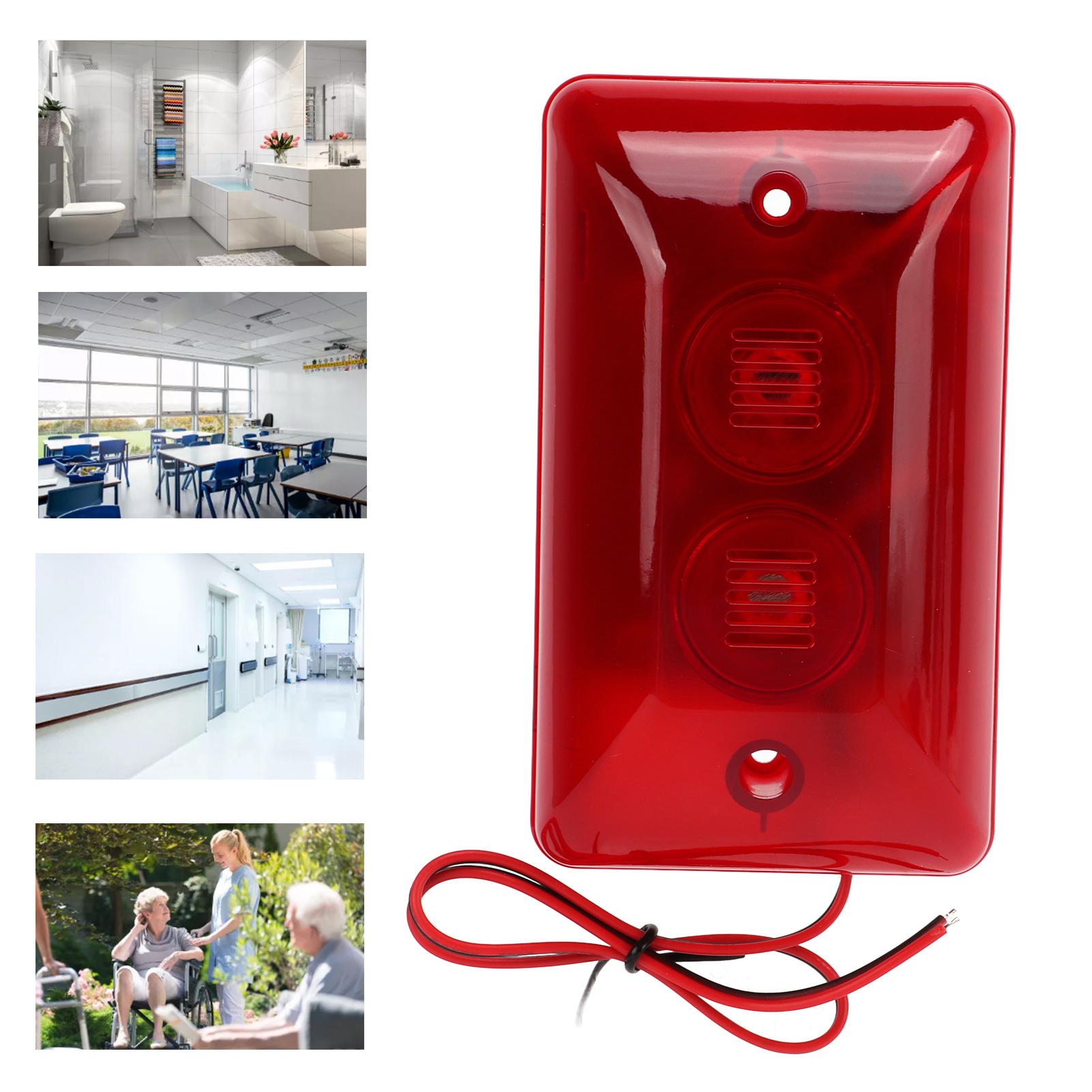 Ein roter Alarm mit Bildern von einem Badezimmer, einem Klassenzimmer, einem Flur und Personen.