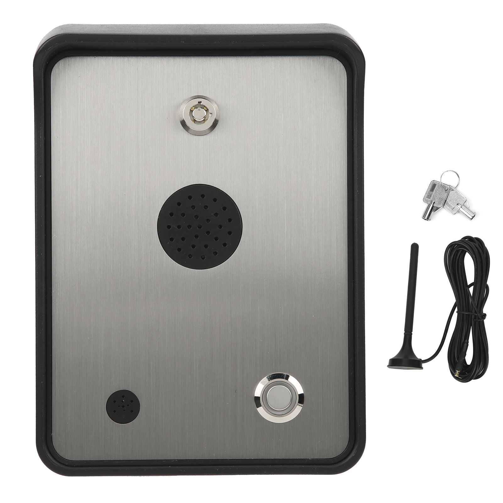 Silberne Gegensprechanlage mit Tastatur, Lautsprecher und Antenne. Inklusive Schlüssel und Kabel.