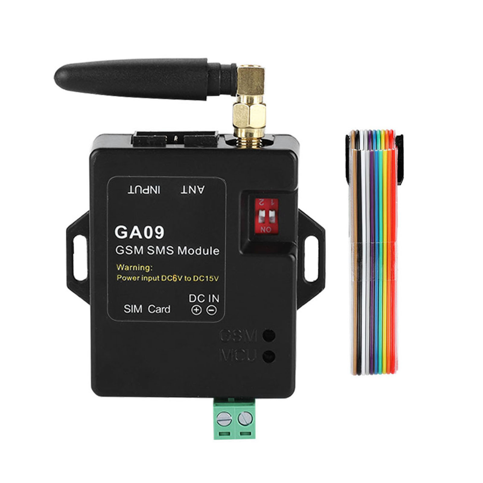 Schwarzes GA09 GSM SMS-Modul mit Antenne, Verkabelung und Schalter auf weißer Fläche.