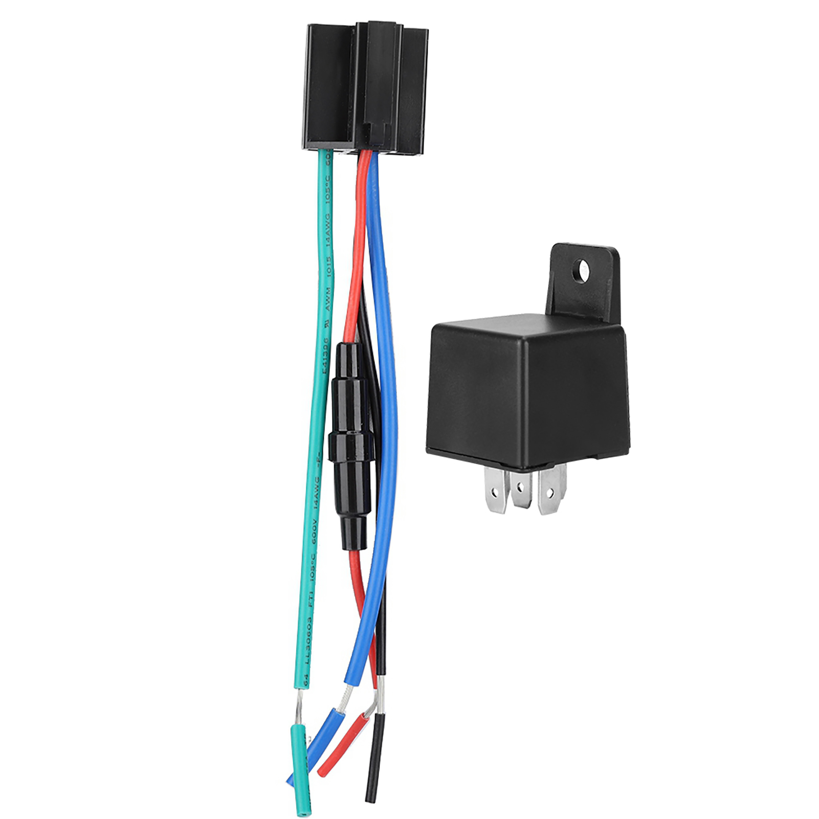 Elektrisches Relais mit Drähten verschiedener Farben, einer schwarzen Relaiskomponente und einem Stecker.