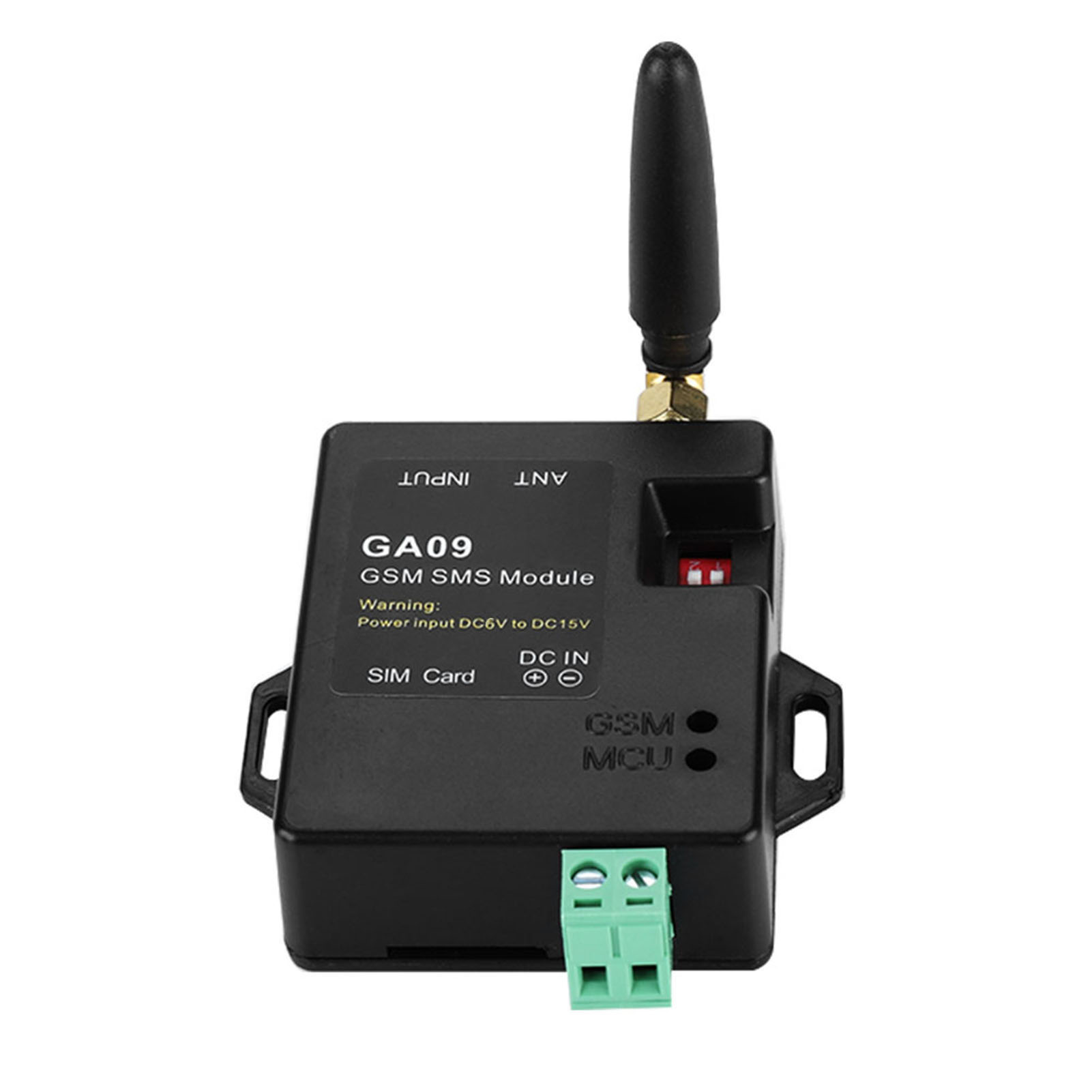 Schwarzes GA09 GSM SMS Modul mit Antenne, SIM-Karten-Slot und DC-Eingangsanschlüssen, mit rotem Schalter.