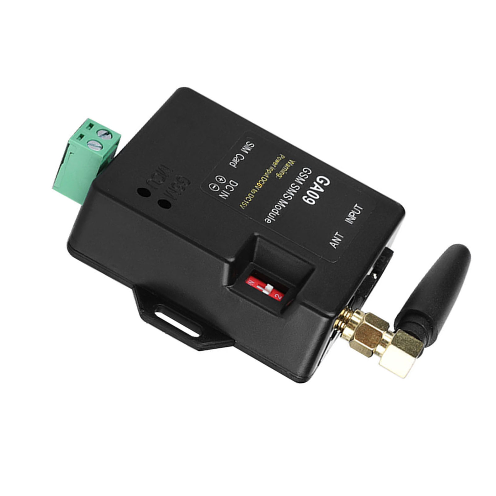 Schwarzes GSM SMS Modul mit Antenne und grünem Anschluss, mit Textbeschriftung.