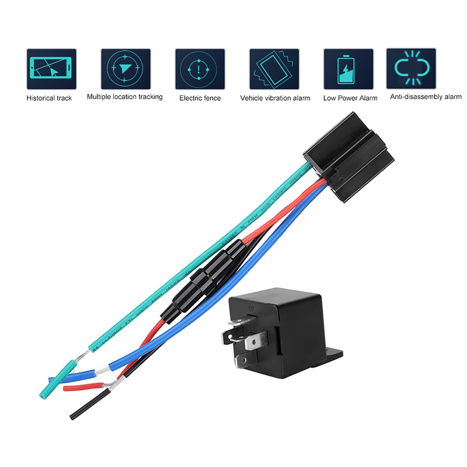 Elektronisches Gerät mit Drähten und einer schwarzen Box. Symbole für Tracking, Alarme und ein Telefon sind oben.
