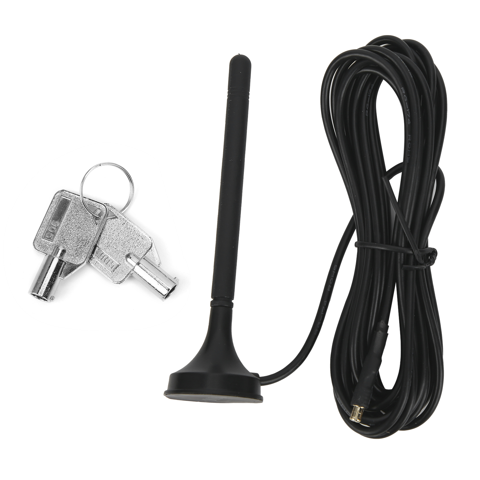 Schlüssel, eine Antenne und ein schwarzes Kabel.