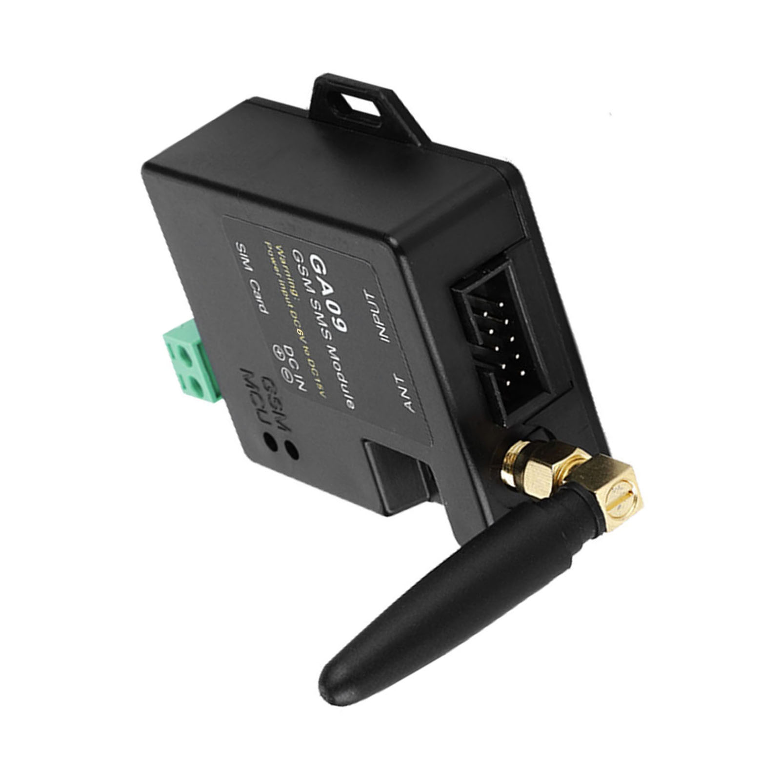 Schwarzes GSM-SMS-Modul mit Antenne, Eingang und SIM-Kartensteckplatz.
