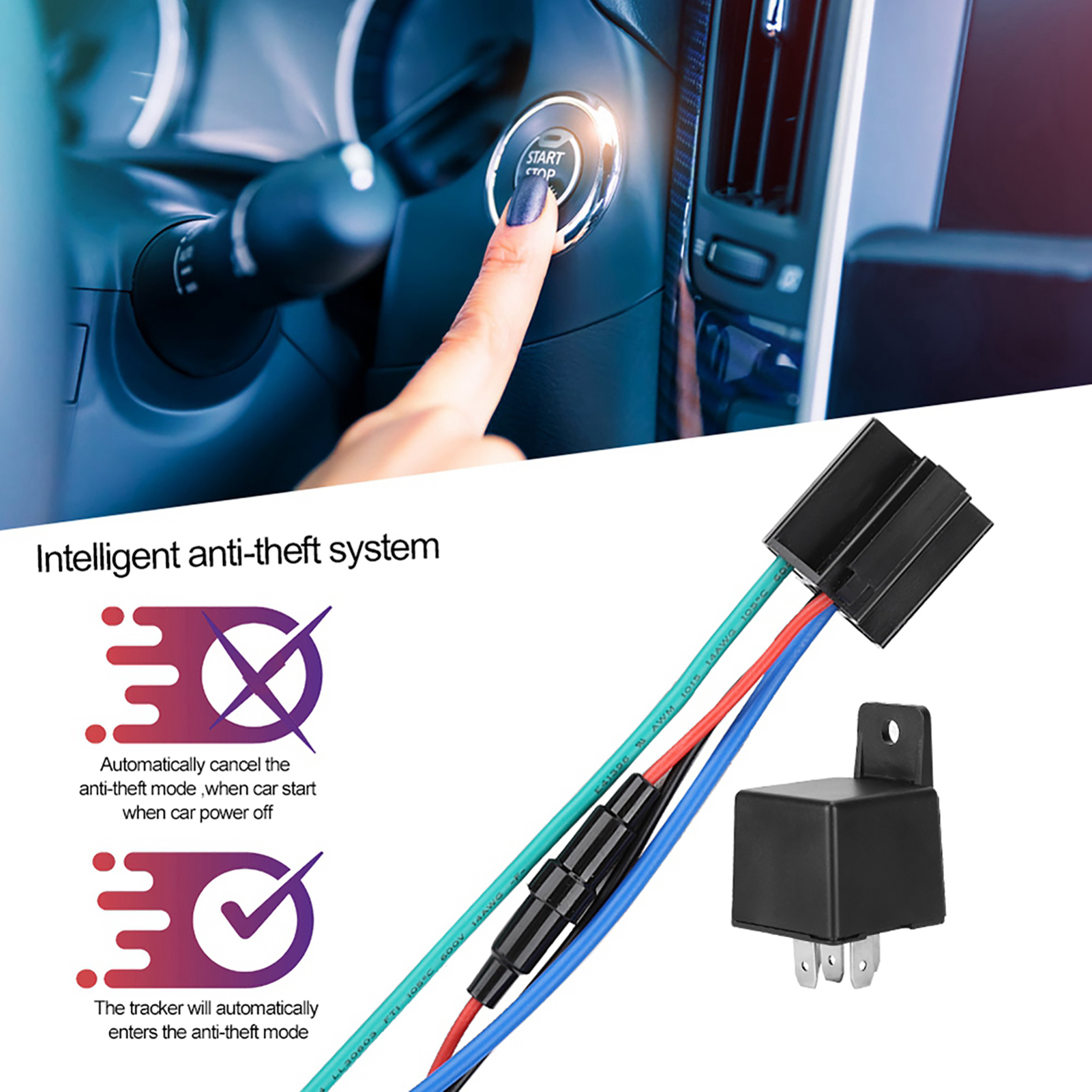 Ein Finger drückt den Startknopf eines Autos. Daneben ein Diebstahlschutzsystem mit Etiketten.