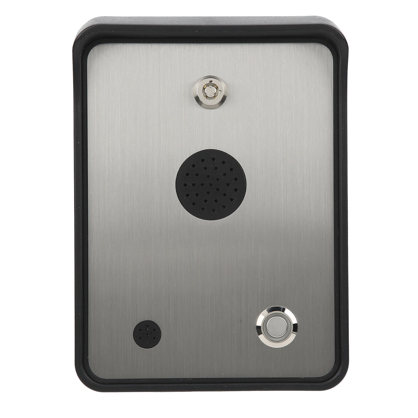Silberner rechteckiger Intercom mit Knopf und Lautsprecher.